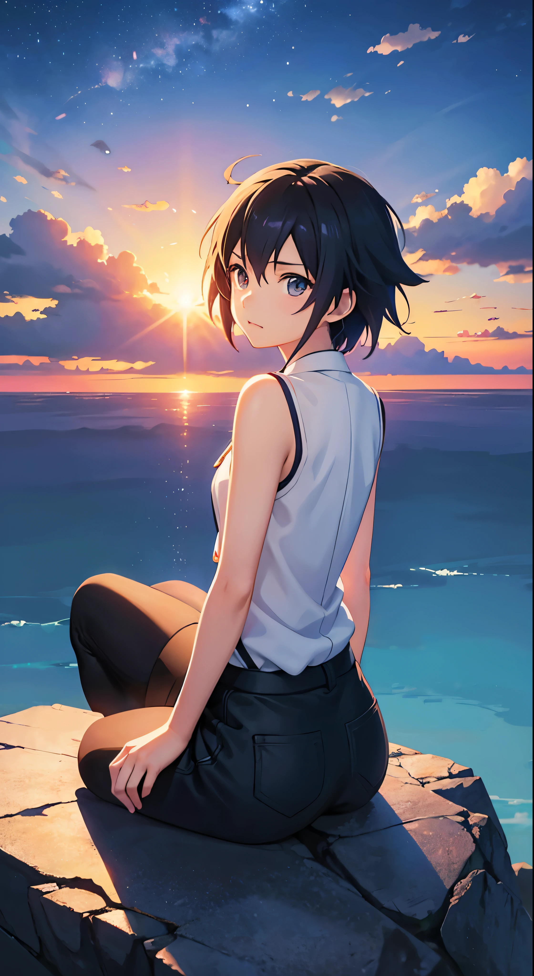 anime girl sitting on a rock looking at the sky,a sky piercing tower far far away, makoto shinkai cyril rolando, anime art wallpaper 4 k, anime art wallpaper 4k, cyril rolando and goro fujita, anime art wallpaper 8 k, 4k anime wallpaper, anime wallpaper 4 k, anime wallpaper 4k, ( ( makoto shinkai ) ), makoto shinkai!