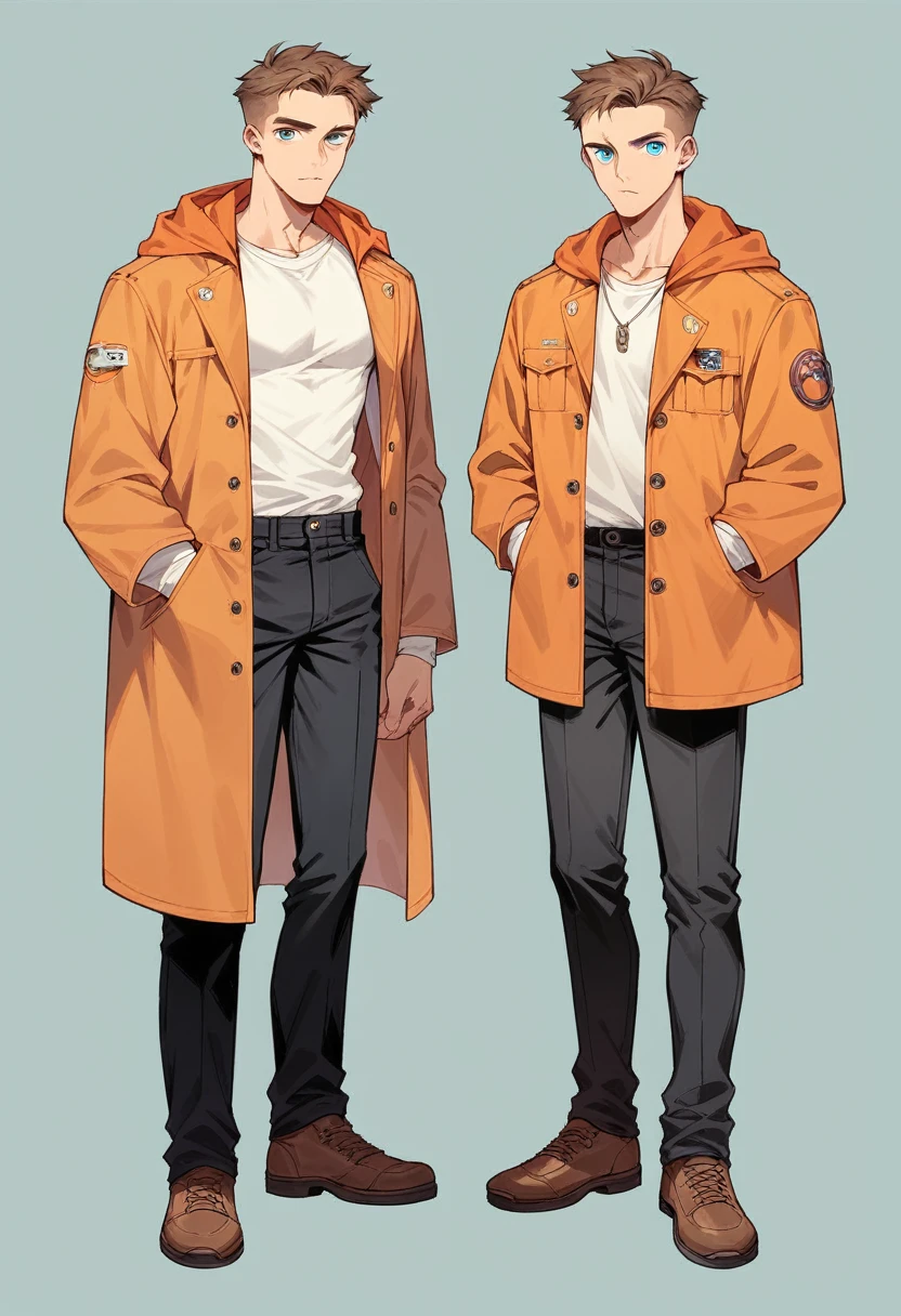  human Male  19 years old  , Brown fade haircut , white shirt ,Orange Coat  hood,BLUE pupils ,Full body, Black Pants  , poses, 
