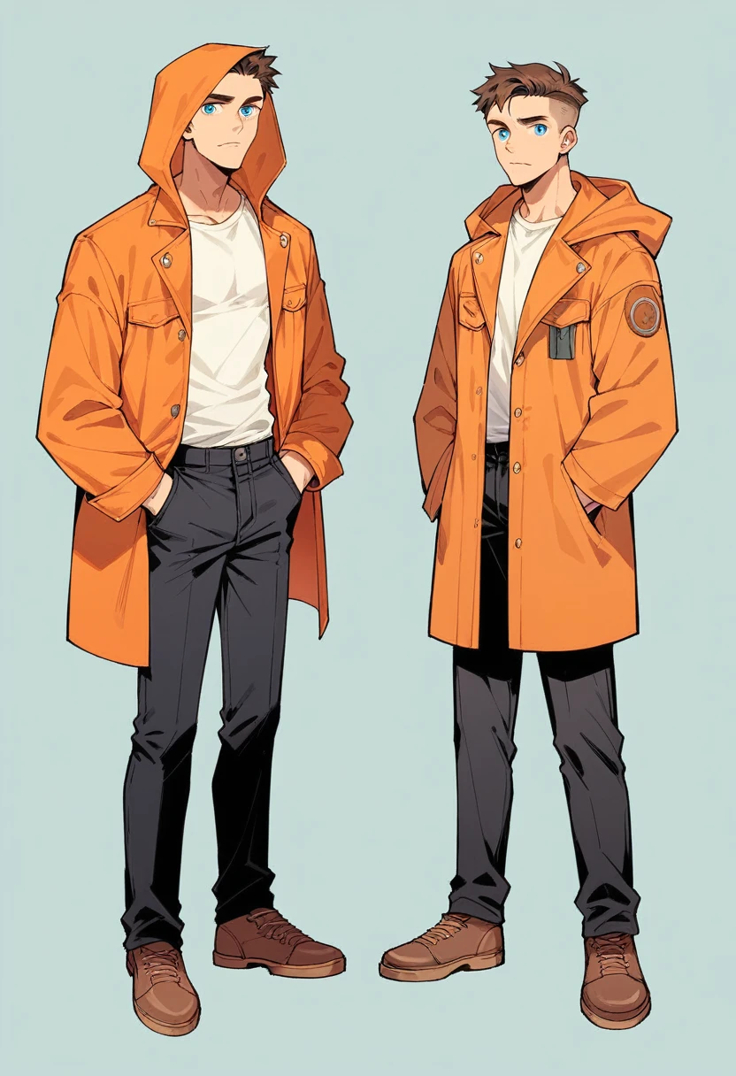  human Male  19 years old  , Brown fade haircut , white shirt ,Orange Coat  hood,BLUE pupils ,Full body, Black Pants  , poses, 