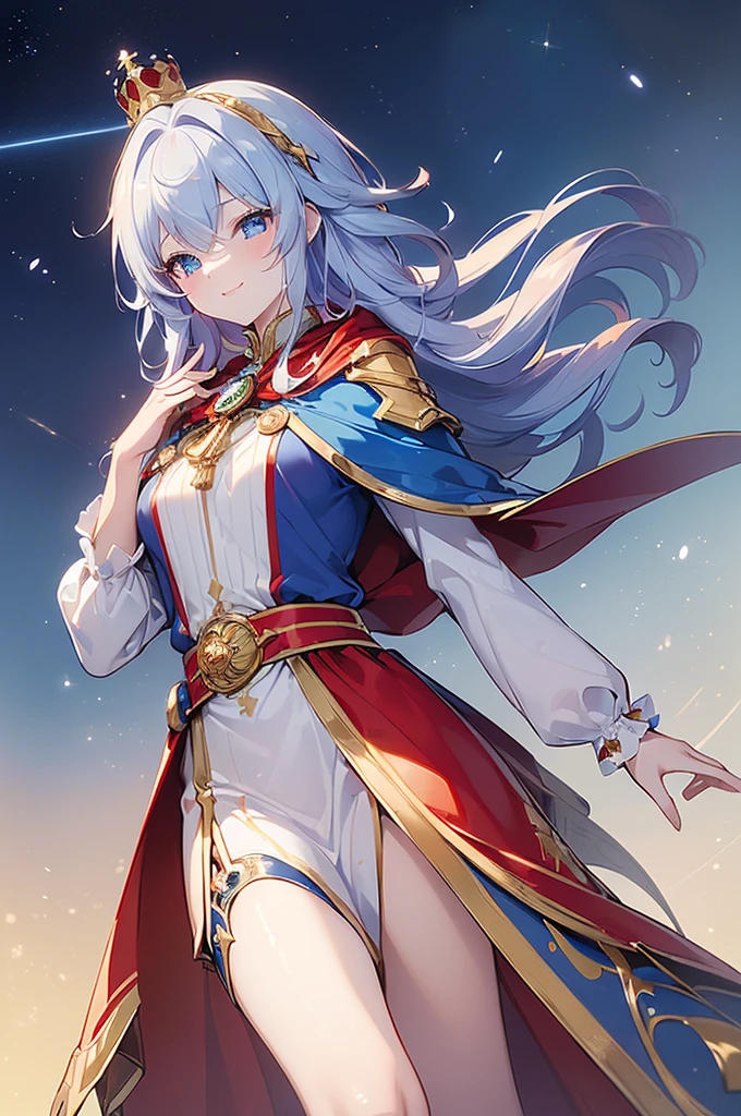 (((masterpiece))),(Incredibly absurd),(最高masterpiece),(Highest quality),(High resolution),(Very detailed),(4K),(8k),((large crown)),((A blue and red cape is fastened at the chest with a gold clasp.)),((Gentle blue eyes)),((Golden wavy hair)),((Short hair with frizzy hair)),((White, elegant outfit)),((Dressed like a wizard)),((Smiling, looking diagonally forward and to the left)),((Cute and body)),((Fantastic blue background)),((Lights dancing in the background)),((She is wearing a star-shaped hair accessory)),((Prince-like appearance))((boy)),((Golden soft hair))