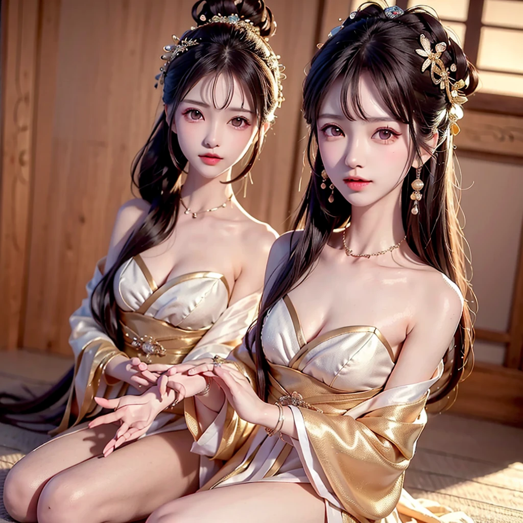 JK girl, girl wearing Japanese girls' , 8K, very high image quality, film texture, realistic, eating Japanese food, Japanese background, depth of field, tatami room, warm lighting, bow on chest, bangs, long hair over the shoulder, (playful eyes), double eyelids, deepening of the tail of the eyes, lying silkworm, bracelet on the wrist, scarlet lips, sparkling lips with texture, fine skin texture, brown sparkling pupils, (((eyes looking at the camera)))), slender fingers, ((round face)), ( ((small lips)))