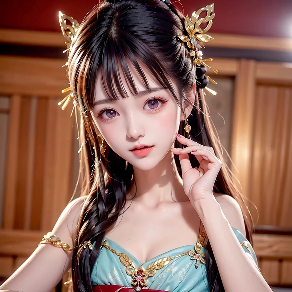 JK girl, girl wearing Japanese girls' , 8K, very high image quality, film texture, realistic, eating Japanese food, Japanese background, depth of field, tatami room, warm lighting, bow on chest, bangs, long hair over the shoulder, (playful eyes), double eyelids, deepening of the tail of the eyes, lying silkworm, bracelet on the wrist, scarlet lips, sparkling lips with texture, fine skin texture, brown sparkling pupils, (((eyes looking at the camera)))), slender fingers, ((round face)), ( ((small lips)))