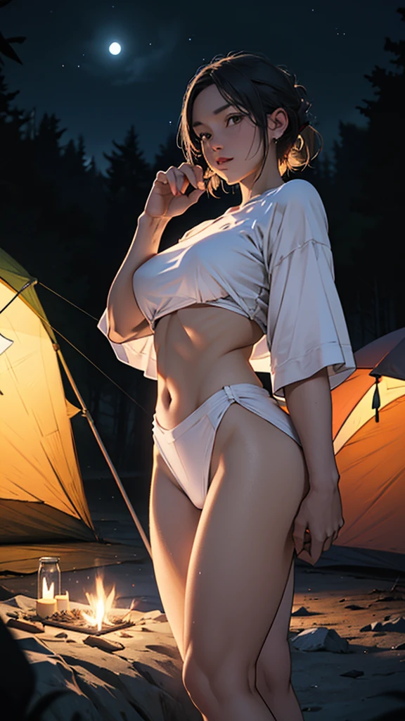 A Couple drunk camping party in forest hills,girl with short clothes big hips,detailed face and body,ultra-realistic,cinematic lighting,wide angle shot,vibrant ,moonlit night sky,stars,campsite tent,