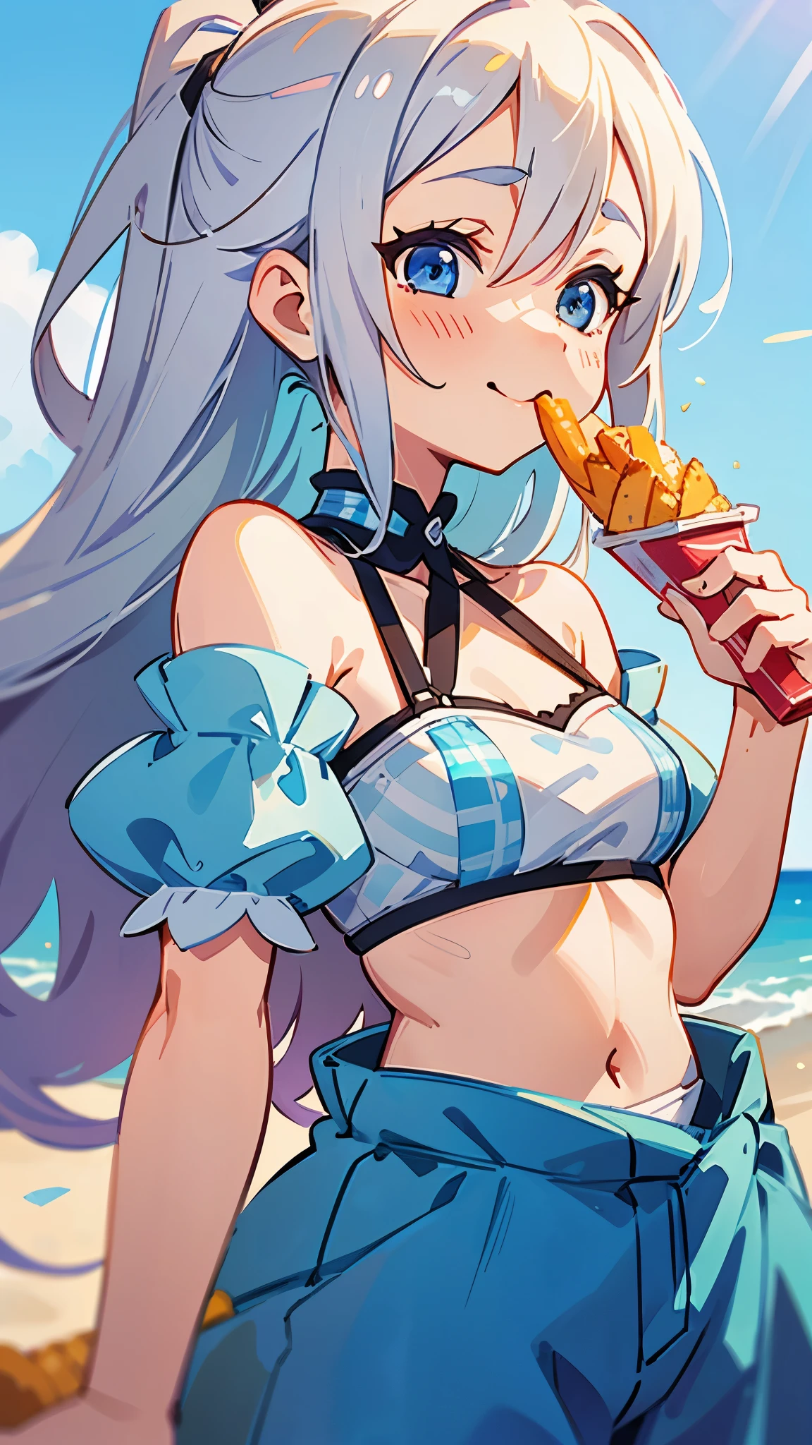 1 girl、Anime style painting、Silver Hair、Long Hair、Beautiful Blue Eyes、Vibrant colors、Strapless bra、Gingham check tube top bra、My chest is a little visible、smile、From the side、Eating french fries、Upper body close-up、Sandy beach background、Sharp contours