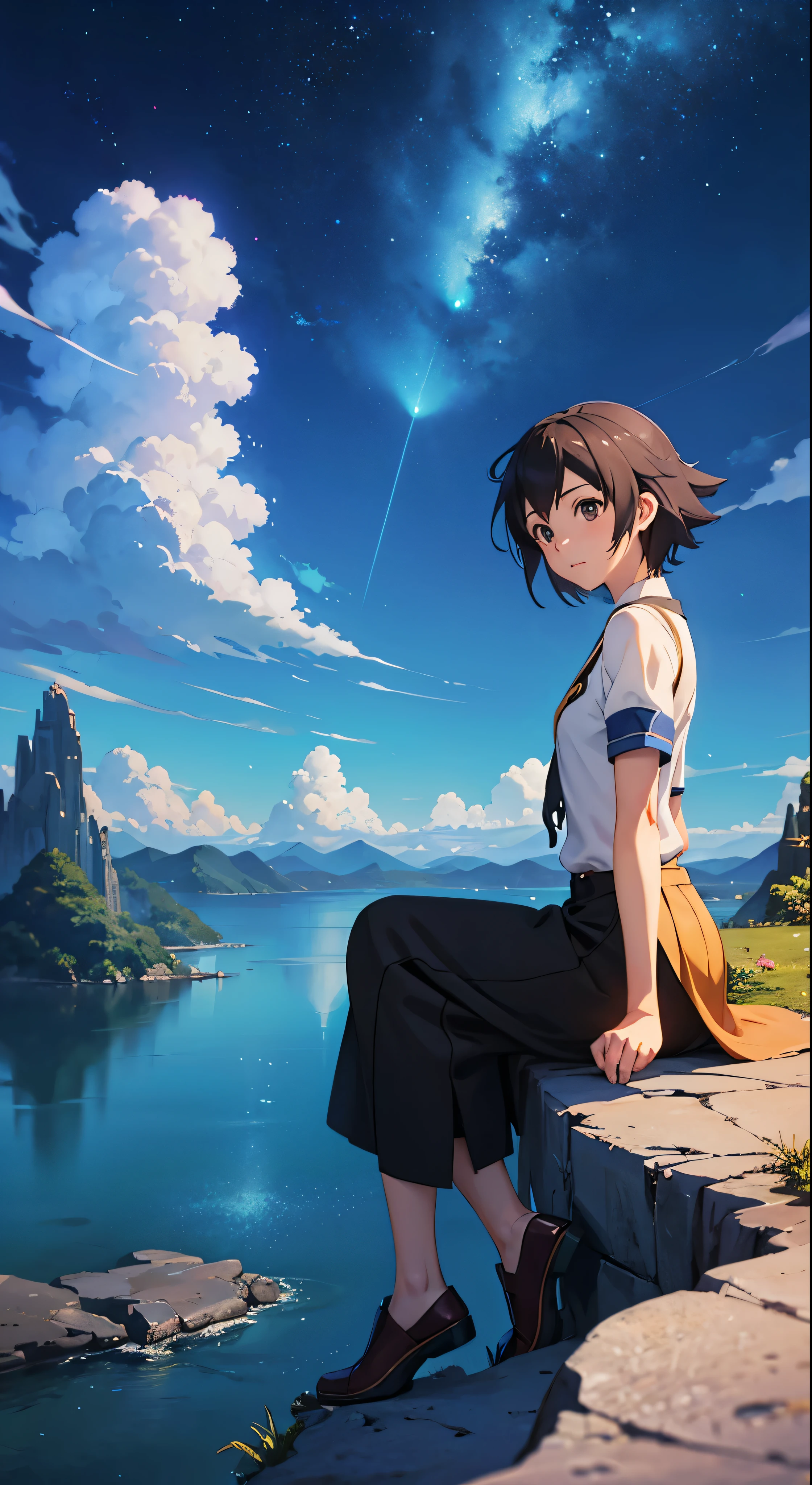 anime girl sitting on a rock looking at the sky,a sky piercing tower far far away, makoto shinkai cyril rolando, anime art wallpaper 4 k, anime art wallpaper 4k, cyril rolando and goro fujita, anime art wallpaper 8 k, 4k anime wallpaper, anime wallpaper 4 k, anime wallpaper 4k, ( ( makoto shinkai ) ), makoto shinkai!