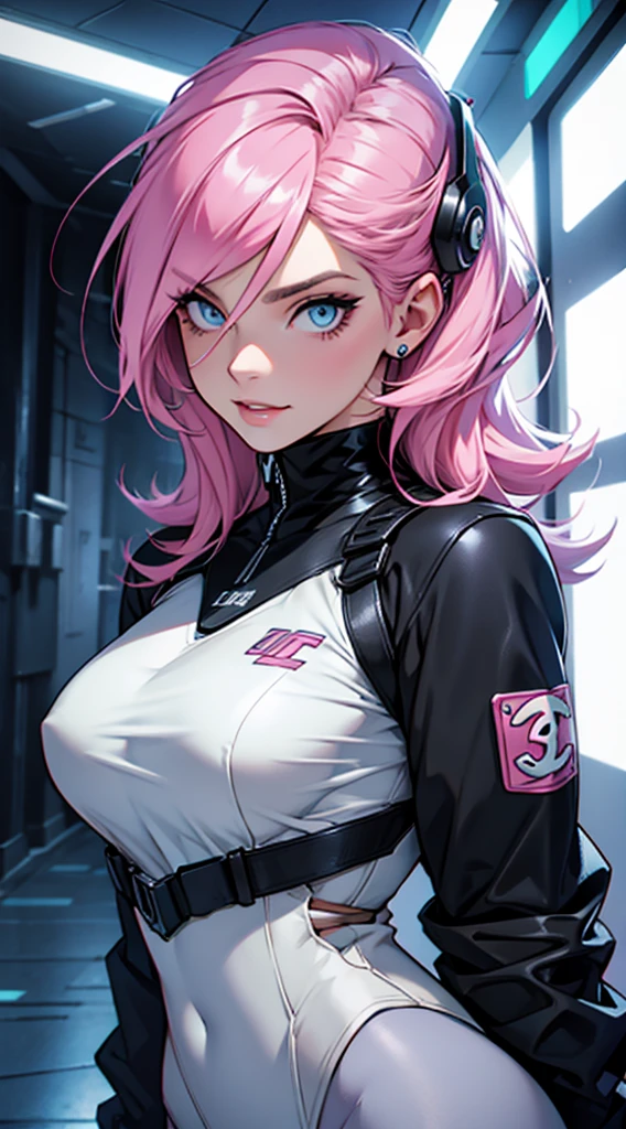 futuristic clothing, cabelo rosa chanel, blue colored eyes, pale skin, demon, claws, bangss, gothic art, full body shot shot, elegant pose, ssmile, Romanticism, work of art, anatomically correcte, high qualiy, super detaill, best qualityer, 4K, 8k, Perfect Woman, the most beautiful woman, her face has to be symmetrical and beautiful, baby pink hair, best qualityer final, beautfull woman, speech bubble, Galaxy,60s,70s,80s,colorfully,cosmo,space, VERY DETAILED EAR FLARERS, pink chanel hair, wear t-shirt written karry66