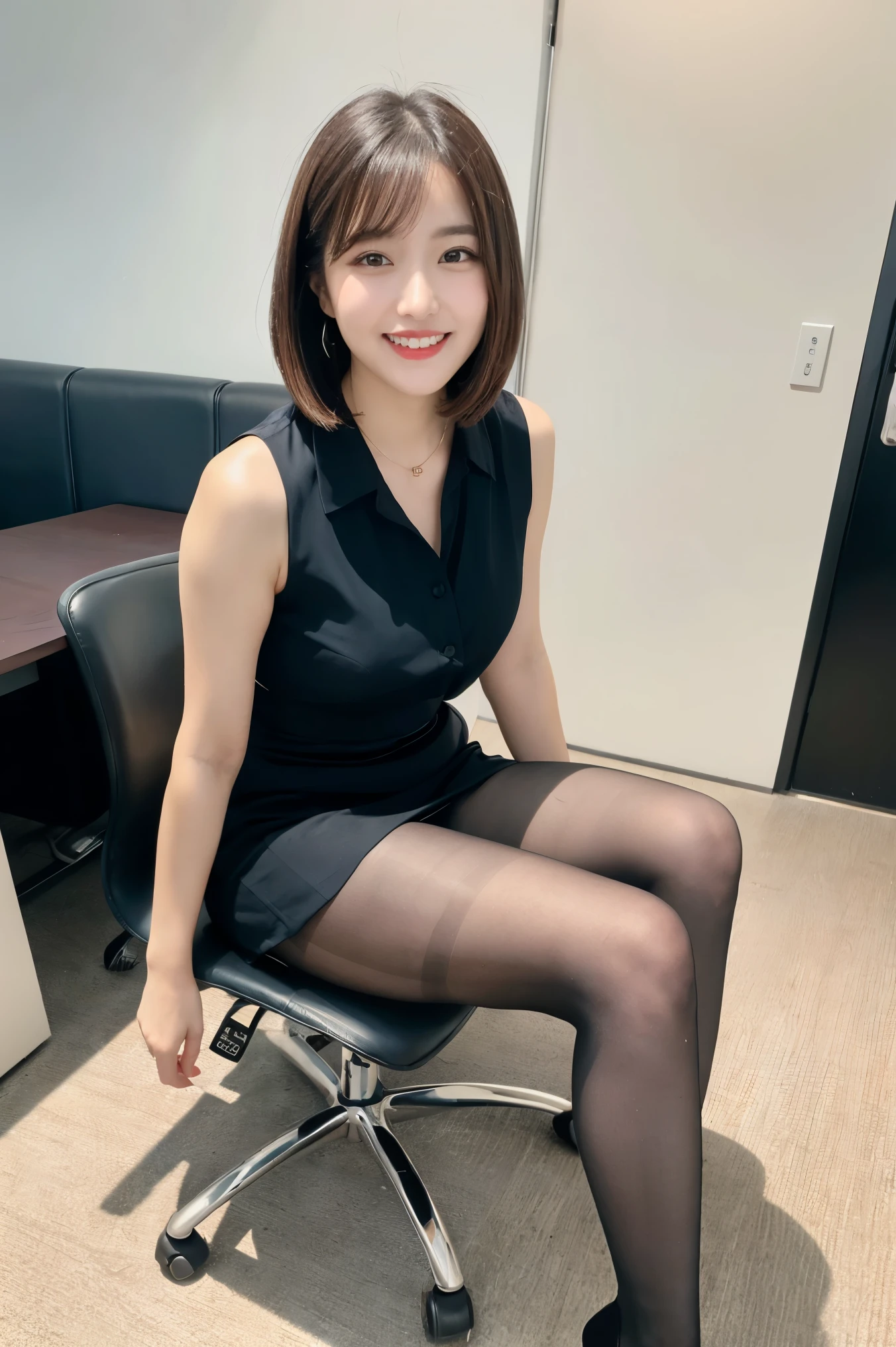 (((8k、High resolution、Highest quality、High resolution)))alone、Natural body shape、1 girl, (Look at the camera with a smile), 20-year-old, OL、cute, Japanese, Gradient Hair Color, Wolf Bob Cut Hairstyle, Ponytail hairstyle, Natural lips, (Glossy Satin Blouse、Tight Skirt、Business Fashion, Ultra-realistic pantyhose、High heels), Modern place background, Full Body Shot、Sit on a chair、 Face Focus, Perfect body, Perfect Arms, Perfect Fingers, Perfect Legs, Perfect Hair, pores, Realistic skin texture, Perfect Teeth, (High position), (High Angle)