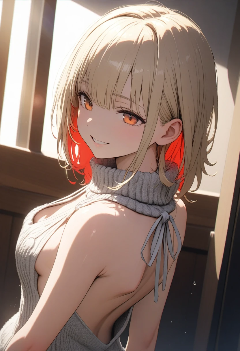 Very cute 15 year old girl, ((A sweater that will kill your virginity (white, sexly, back chest, backless, knit, sleeveless, high neck, back ribbon, open, knit dress)))、(Golden hair colour、bright red inner color hair style、Hair expressed with a delicate touch), Beautiful Hair, Facial Contour, Remember, Hotel, splash, Lens flare、sunlight、illumination、Natural Color, High resolution, Very delicate, Very detailed, 8k,(Breast size around B cup)、Shyness,((Sexual)),((A naughty feeling)),smile、Chest to face angle、View angle from knee height