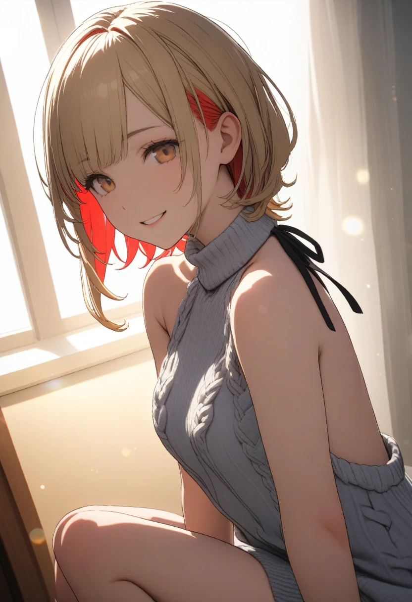 Very cute 15 year old girl, ((A sweater that will kill your virginity (white, sexly, back chest, backless, knit, sleeveless, high neck, back ribbon, open, knit dress)))、(Golden hair colour、bright red inner color hair style、Hair expressed with a delicate touch), Beautiful Hair, Facial Contour, Remember, Hotel, splash, Lens flare、sunlight、illumination、Natural Color, High resolution, Very delicate, Very detailed, 8k,(Breast size around B cup)、Shyness,((Sexual)),((A naughty feeling)),smile、Chest to face angle、View angle from knee height