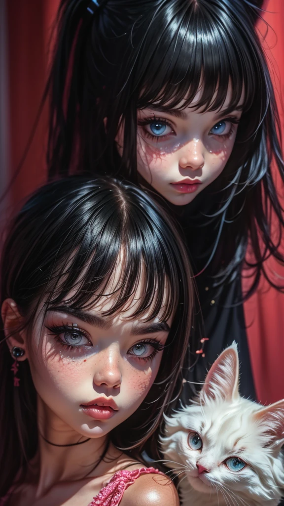 Two little girls playing with a cat, estilo graphic comic realista