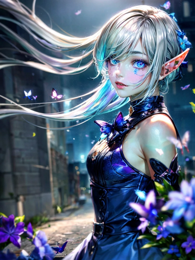 (best impact:1.4), (Maximalism:1.3), (vivid contrast), (Ultra-luxurious light:1.2), (diffuse reflection:1.3), (high speed shutter, motion blur), (HDR, unity 8k wallpaper, extremely detailed CG, ultra highres), BREAK (1girl, solo:1.5), (white silver hair, deep blue dress:1.4), (elf ears:1.4), (violet eyes:1.6), (blue flowers:1.5), (butterflies:1.4), (lush flower garden:1.2), (urban:1.2), BREAK (realistic), super realistic illustration, highres, ultra detailed, absurdres, (Fantastic scenery in richly coloured:1.4), BREAK (very wide:1.3), (panorama view:1.1), (sense of depth:1.5), (long shot:1.3), (magnificent view:1.3), (wind:1.4),