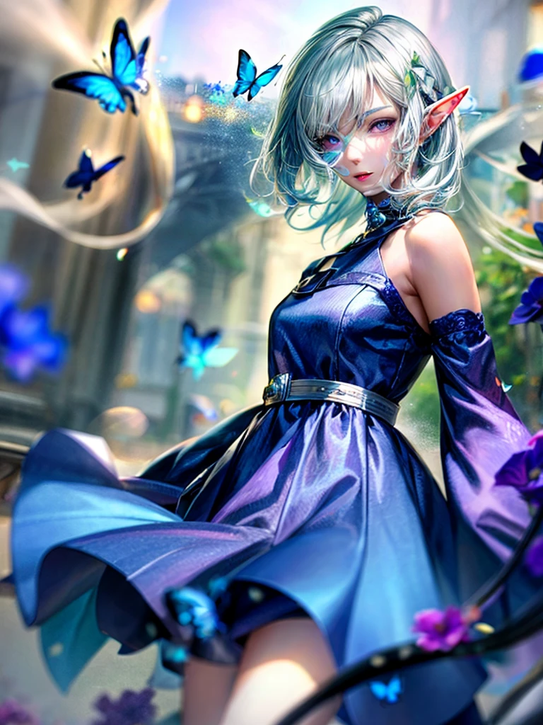 (best impact:1.4), (Maximalism:1.3), (vivid contrast), (Ultra-luxurious light:1.2), (diffuse reflection:1.3), (high speed shutter, motion blur), (HDR, unity 8k wallpaper, extremely detailed CG, ultra highres), BREAK (1girl, solo:1.5), (white silver hair, deep blue dress:1.4), (elf ears:1.4), (violet eyes:1.6), (blue flowers:1.5), (butterflies:1.4), (lush flower garden:1.2), (urban:1.2), BREAK (realistic), super realistic illustration, highres, ultra detailed, absurdres, (Fantastic scenery in richly coloured:1.4), BREAK (very wide:1.3), (panorama view:1.1), (sense of depth:1.5), (long shot:1.3), (magnificent view:1.3), (wind:1.4),