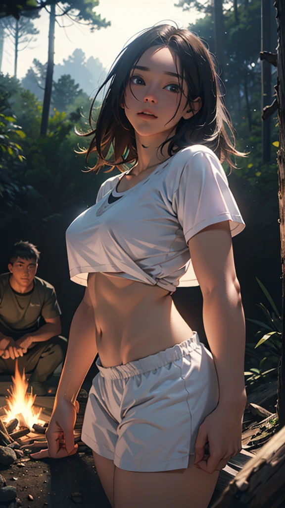 A Couple drunk camping party in forest hills,girl with short clothes big hips,detailed face and body,ultra-realistic,cinematic lighting,wide angle 