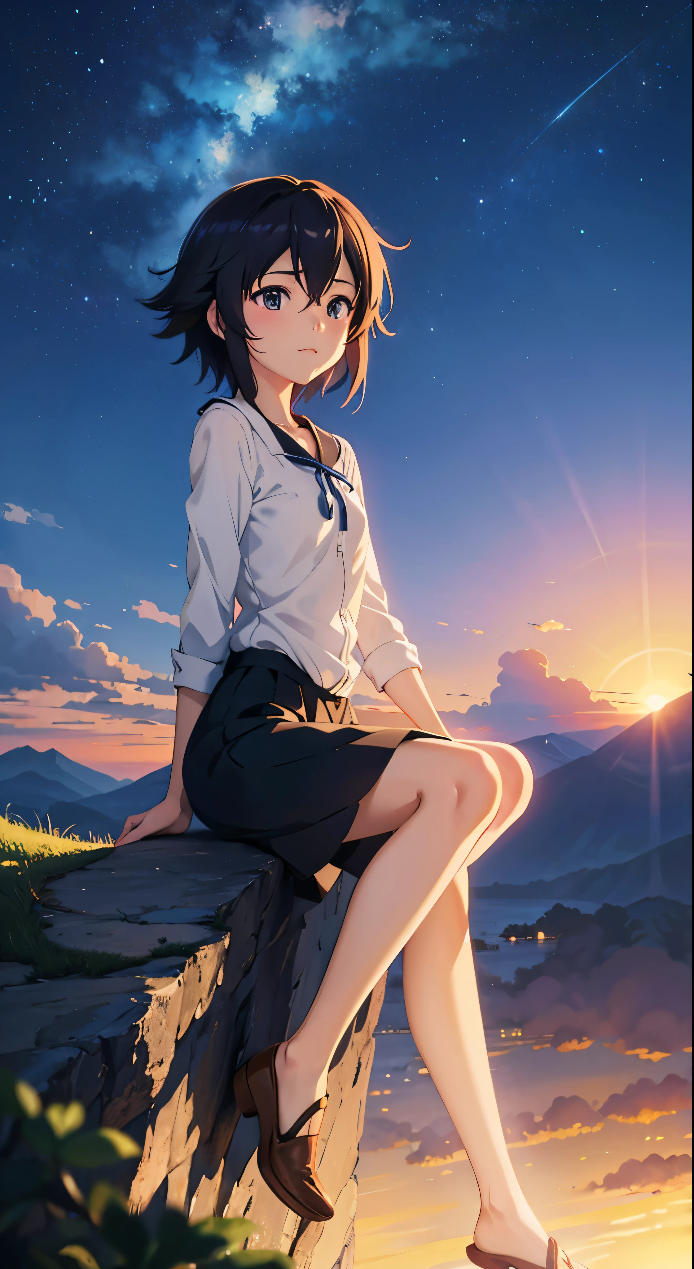 anime girl sitting on a rock looking at the sky,a sky piercing tower far far away, makoto shinkai cyril rolando, anime art wallpaper 4 k, anime art wallpaper 4k, cyril rolando and goro fujita, anime art wallpaper 8 k, 4k anime wallpaper, anime wallpaper 4 k, anime wallpaper 4k, ( ( makoto shinkai ) ), makoto shinkai!