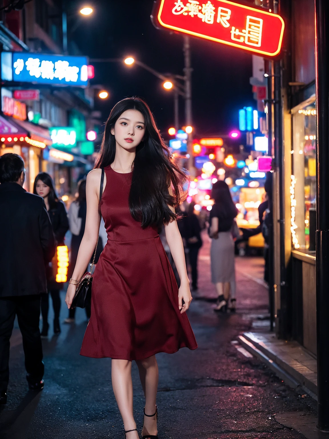 A beautiful girl walking in the night city, long black hair, fair skin, oval face, large sparkling eyes, wearing a wine-red dress, black high heels, holding a small black handbag. She is standing in a bustling street with neon lights, glowing shop signs, and street lamps creating a dreamy atmosphere. The tall buildings with colorful lights in the background. The scene has realistic lighting, capturing soft light reflections on her hair and face from the street lamps and shop signs. The image is highly detailed and photorealistic, as if taken with a DSLR camera, with a natural depth of field and sharp focus. She has a soft smile on her face, and the ambiance is lively yet romantic."