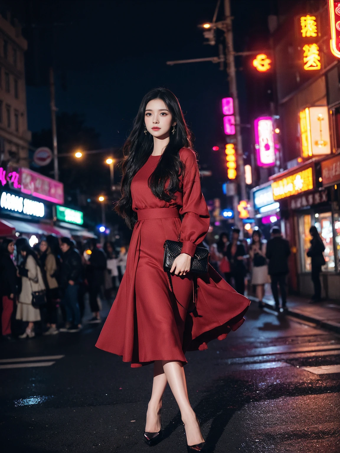 A beautiful girl walking in the night city, long black hair, fair skin, oval face, large sparkling eyes, wearing a wine-red dress, black high heels, holding a small black handbag. She is standing in a bustling street with neon lights, glowing shop signs, and street lamps creating a dreamy atmosphere. The tall buildings with colorful lights in the background. The scene has realistic lighting, capturing soft light reflections on her hair and face from the street lamps and shop signs. The image is highly detailed and photorealistic, as if taken with a DSLR camera, with a natural depth of field and sharp focus. She has a soft smile on her face, and the ambiance is lively yet romantic."