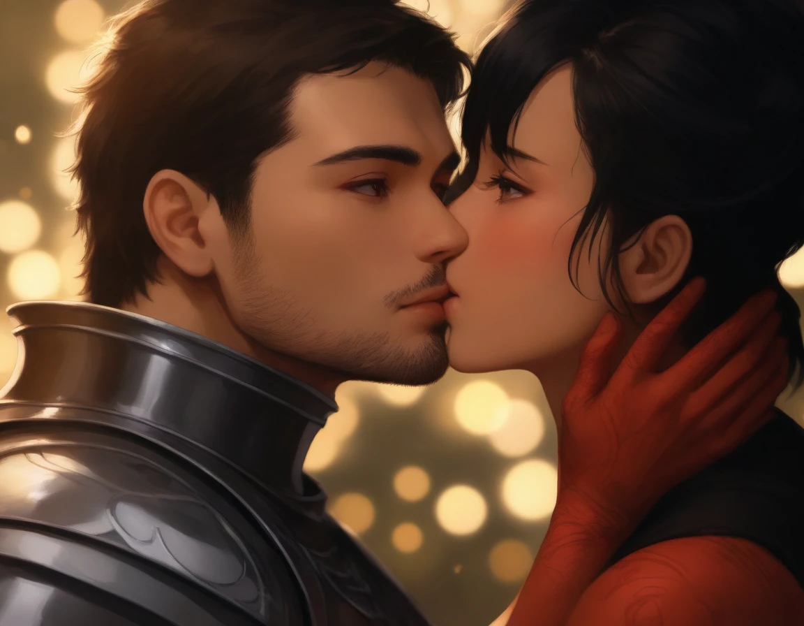 8K, RAW, best quality, masterpiece, ultra high res, colorful, portrait, (medium wide shot), (dynamic perspective), sharp focus , (depth of field, bokeh:1.3), extremely detailed eyes and face, beautiful detailed eyes,
couple, hugs, kiss, kissing, passion, love, moment,
(1man, Human, Caucasian, human Knight, male in fullplate armor, muscular, stubble, short black hair, brown eyes:1.75),
(1girl, Japanese, Oni, horns, ((red skin color)), black tight crop top, long black hair, red eyes, breasts bandage:1.75),
near campfire, lean back to tree, looking at viewer, facing viewer, right side view, forest background, dark forest, night time