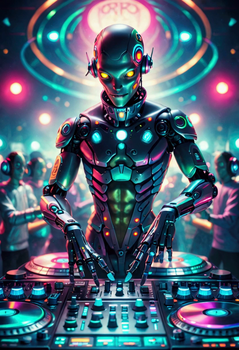A scene depicting an unknown alien-blooded alien robot DJ spinning records in a typical cosmic nightclub. This alien robot DJ features smooth metallic components, glowing skin, an advanced holographic control panel for interacting with the crowd, and agile limbs to operate a variety of music equipment, such as turntables, mixers, and samplers. The scene is filled with typical interstellar club details, such as illuminated dance floor areas, signs written in alien script, and a range of cutting-edge sound equipment. Despite his alien robotic appearance, he still conveys excitement and commitment to the art of DJing, which are inherent qualities of a DJ. Realistic, 3D, C4D rendering, photography.