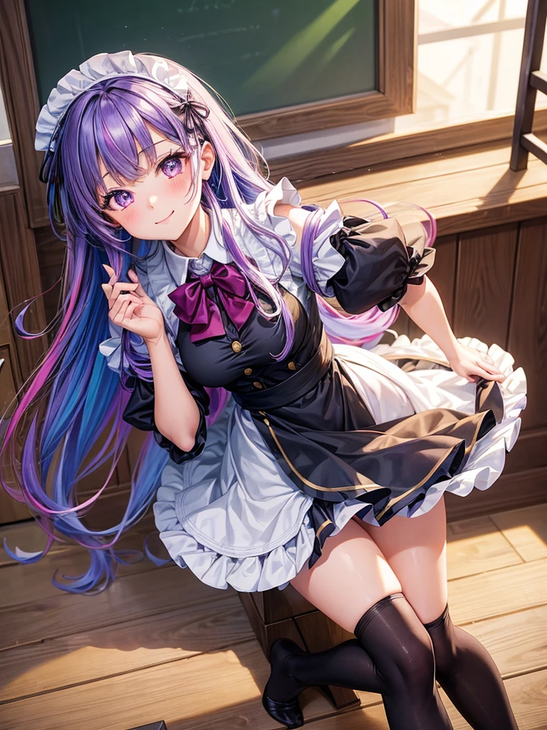 middle School girls，smile，Best Quality，High-dimensional beautiful girl，Multidimensional beautiful girl，Several girls are depicted，Maid clothes，cuteMaid clothes，8k，Highest quality，Long Hair，cute，fluffy，Angel，新しいMaid clothes，Latest Fashion，Long Hair，Purple Eyes，Beautiful feet，The top of beautiful girls，School，classroom，perfection，masterpiece，Have sparkling eyes，tights，Horny girl，Naughty Girls，美しいcute女の子，Horny girl，Beautiful girl，Multi-colored hair，Latest Fashion， girl，