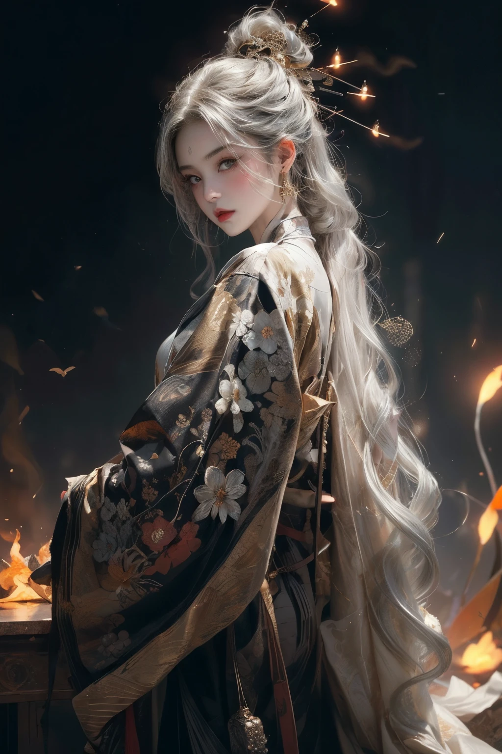 ((gold, Silver, flicker)), kitsune, limited palette, contrast, phenomenal aesthetics, Best quality, luxurious work of art, Young woman, White hair