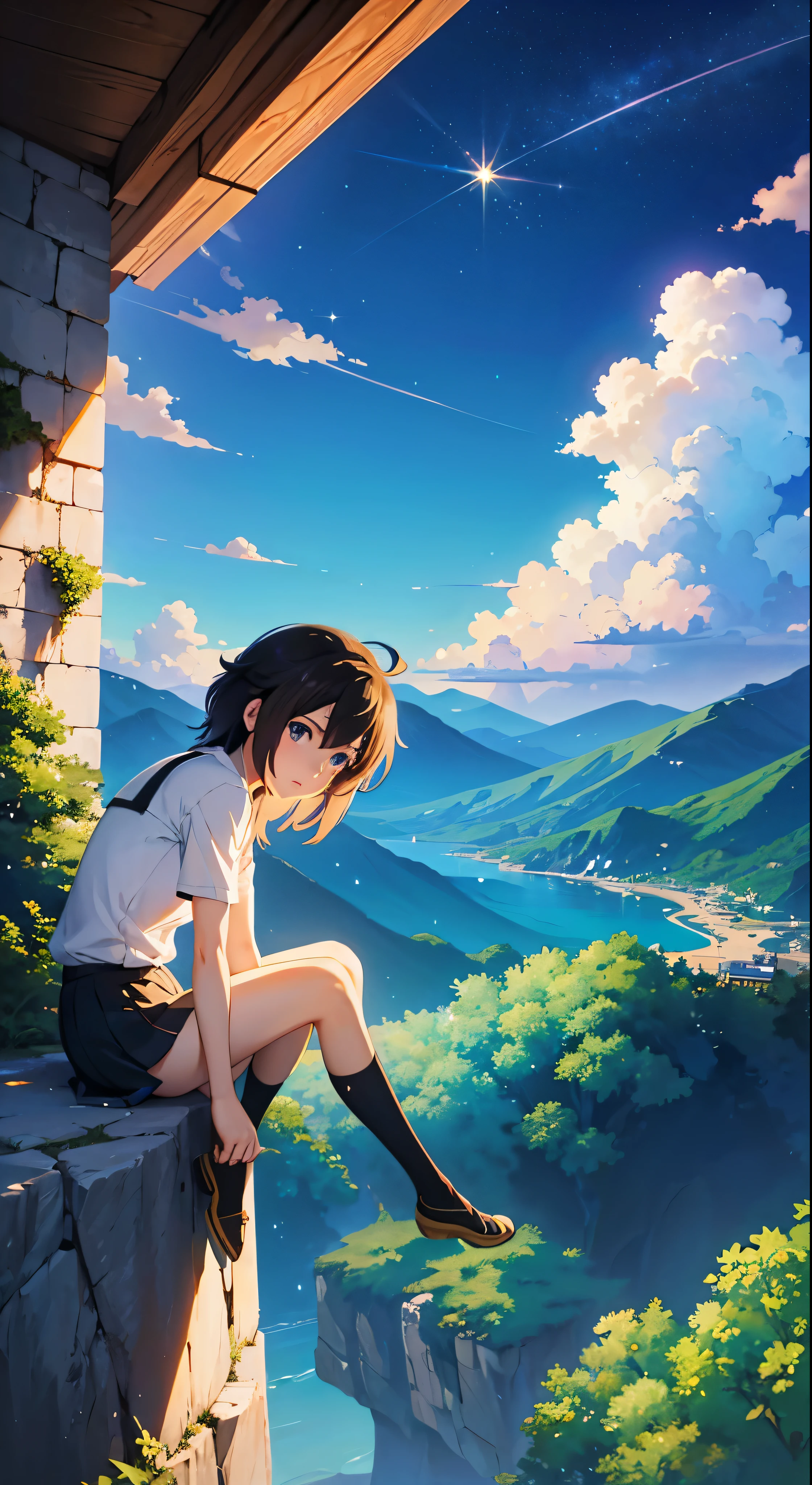 anime girl sitting on a rock looking at the sky,a sky piercing tower far far away, makoto shinkai cyril rolando, anime art wallpaper 4 k, anime art wallpaper 4k, cyril rolando and goro fujita, anime art wallpaper 8 k, 4k anime wallpaper, anime wallpaper 4 k, anime wallpaper 4k, ( ( makoto shinkai ) ), makoto shinkai!