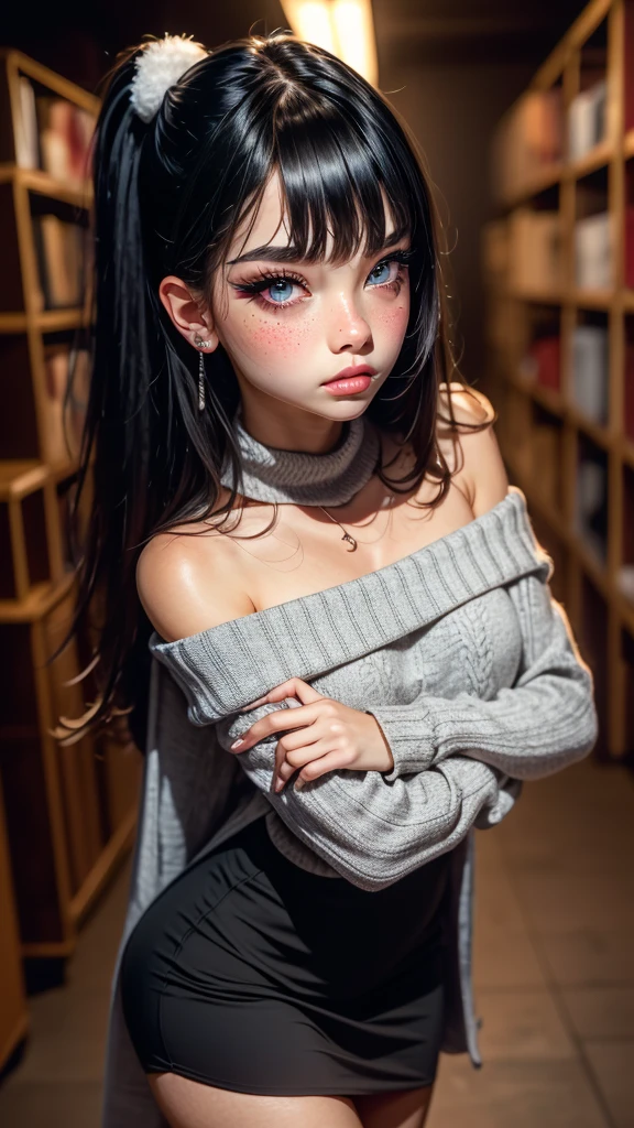 absurdres, furry, female furry, anthro, trending on artstation, uploaded on e621, detailed portrait of a anthro woman, extreme detail, detailed fluffy fur, full body, blushing, detailed eyes, (shaded), (detailed lighting), (cinematic lighting), (masterpiece, hi res, RAW photo, high resolution, high details, best quality), high definition, (high sharpness:1.3), leopard ears, leopard tail, silver fur, asymmetrical_bangs, top not, Royal_Blue_hair, part_bangs, fluorescent_eyes, (brown check pattern shawl around own arms:1.2), (black simple long skirt:1.1), (white simple off-shoulder sweater:1.1), gym_storeroom, Jumping, mimicking a high jump