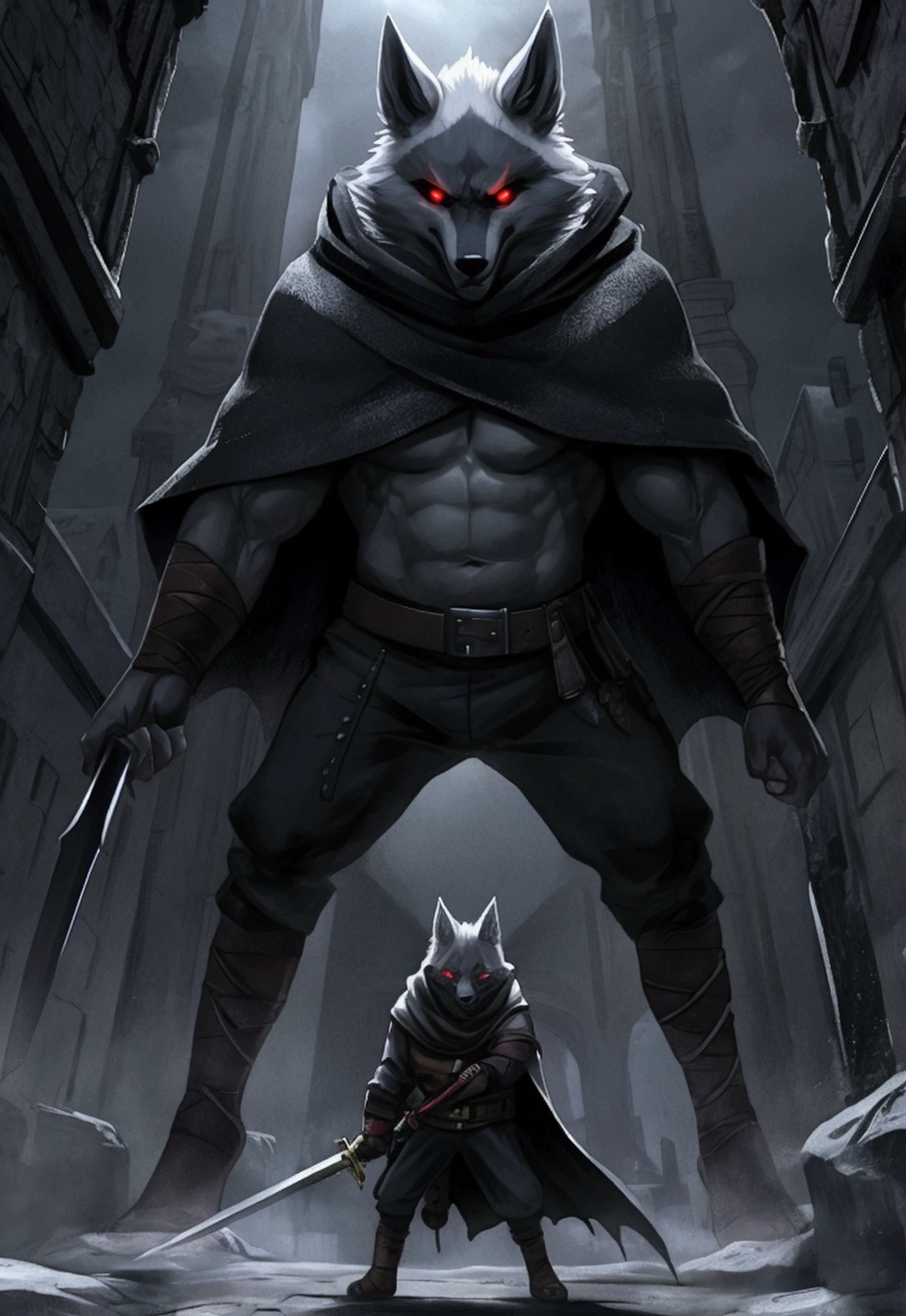 Create a powerful and dramatic image featuring both Puss in Boots and the wolf character representing Death from 'Puss in Boots: The Last Wish.' Position Puss in Boots with a brave stance, holding his sword and looking determined. Place the wolf opposite him, with a menacing and shadowy appearance, glowing eyes, and a dark, foreboding presence. Set the scene in a dark, misty environment to enhance the tension and highlight the confrontation between the two characters."