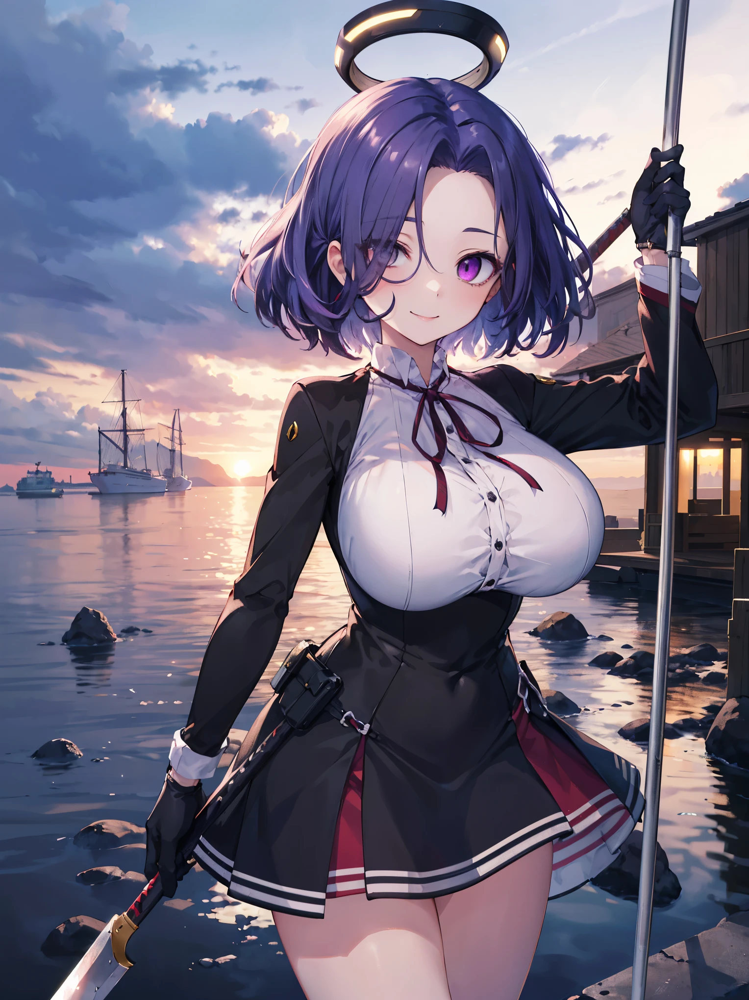 masterpiece, best quality, highres, mechanical halo, (gigantic_breasts:1.2), black dress, neck ribbon, long sleeves, black gloves, outdoors, cowboy shot, standing, holding weapon, polearm,smile,,harbor_town_landscape,purple_halfeyes,(scornful eye:1.4)