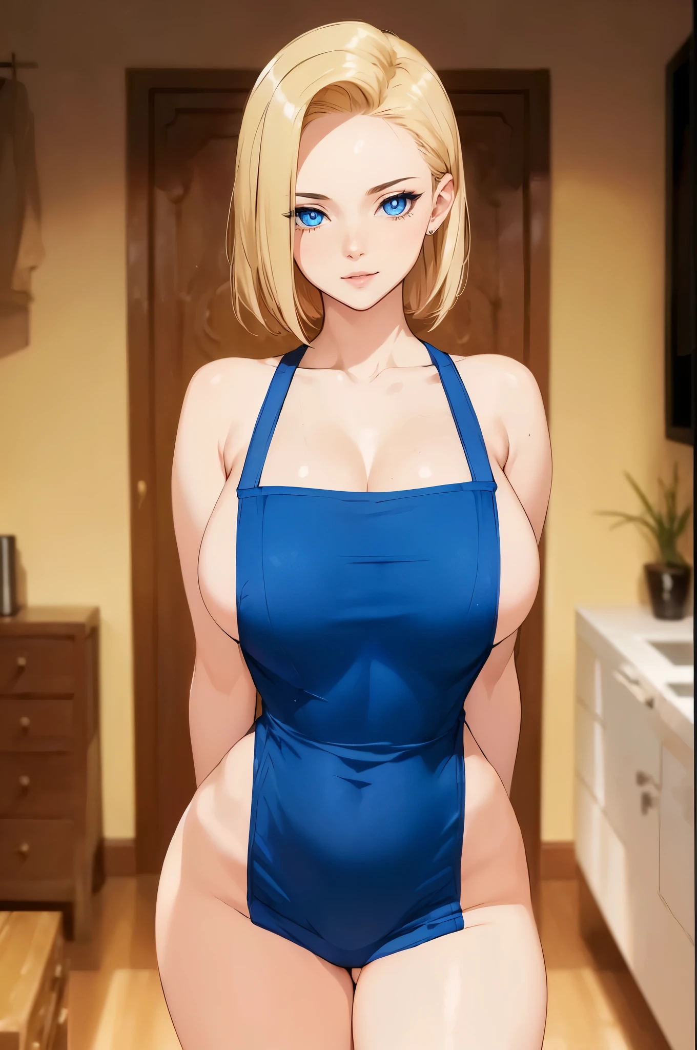 ((1girl, solo)), android 18, beautiful body, (perfect anatomy, perfect body, perfect hands, perfect legs), nice hands, natural proportions, sexy body, large breasts BREAK
((extremely detailed face)), blue eyes, (beautiful detailed eyes:1.6), (realistic pupils, realistic iris:1), expressive eyes, ((looking at viewer)), (clear eyes:1.3), (hyperrealistic:1.2), (detailed skin texture:1.2), smooth skin, blonde hair, short hair, (detailed lips:1.2), (attractive lips:1.1), (glossy lips:1.1), smile, parted lips, perfect face, perfect eyes BREAK
naked apron, blue apron, (reveling clothes:1.5), (skin tight:1.5), collarbone, cleavage, covered nipples, (sideboob:1.3), groin, thighs BREAK
(masterpiece:1.5), anime-style, top quality, best quality, (beautiful and aesthetic:1.2), (ultra detail:1.5), Ultra-detailed depiction, Ultra-precise depiction, extremely detailed 8k illustration, high resolution, (highly detailed shading:1.2), (realistic lighting:1.4), perfect lighting, vibrant colors, dynamic tones, striking hues, 8k, absurd resolution, perfect shadows, hdr, UHD, ambient lighting, realistic, ultra-realistic, photo realistic, highly detailed, rich detail, luminous colors, fine texture, intricate design, professional illustration, (soft light:1.2), (illustration:0.7)