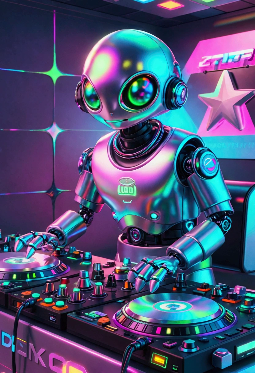 A scene depicting an unknown alien-blooded alien robot DJ spinning records in a typical cosmic nightclub. This alien robot DJ features smooth metallic components, glowing skin, an advanced holographic control panel for interacting with the crowd, and agile limbs to operate a variety of music equipment, such as turntables, mixers, and samplers. The scene is filled with typical interstellar club details, such as illuminated dance floor areas, signs written in alien script, and a range of cutting-edge sound equipment. Despite his alien robotic appearance, he still conveys excitement and commitment to the art of DJing, which are inherent qualities of a DJ. Realistic, 3D, C4D rendering, photography.