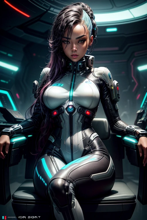 a woman in a futuristic suit sitting on a chair in a futuristic environment, cyberpunk art inspired by Marek Okon, cgsociety contest winner, afrofuturism, beautiful cyborg girl, cyborg - girl, cyborg girl, cyborg woman, beautiful cyborg girl pinup, beautiful cyborg girl, retrofuturistic female android, perfect cyborg woman, beautiful seductive female cyborg