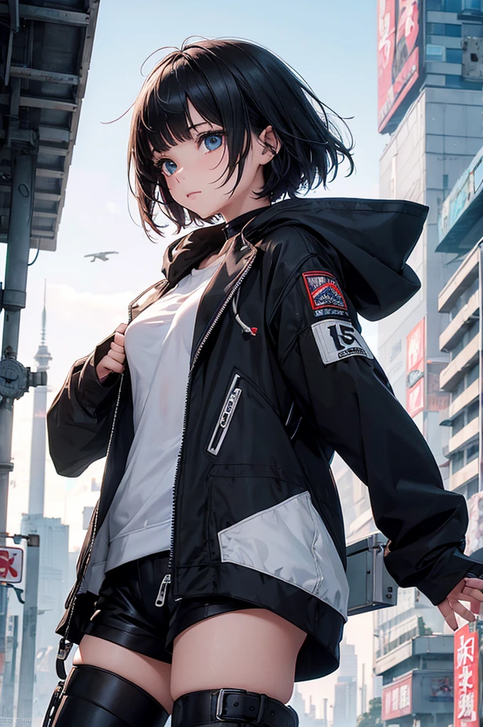 (Masterpiece, BestQuality), (hyperrealistic),cyberpunk,((girl is flying in the sky on a mechanical glider)),detailed glider, BREAK (15yo,black short hair,middle small breasts,Black penguin hood, white penguin robe, webbed boots),BREAK look away,dynamic pose,absurd, unusual, extraordinary, in ruined cyberpunk city,japan, intricate details, depth of field,portrait, sharp,
