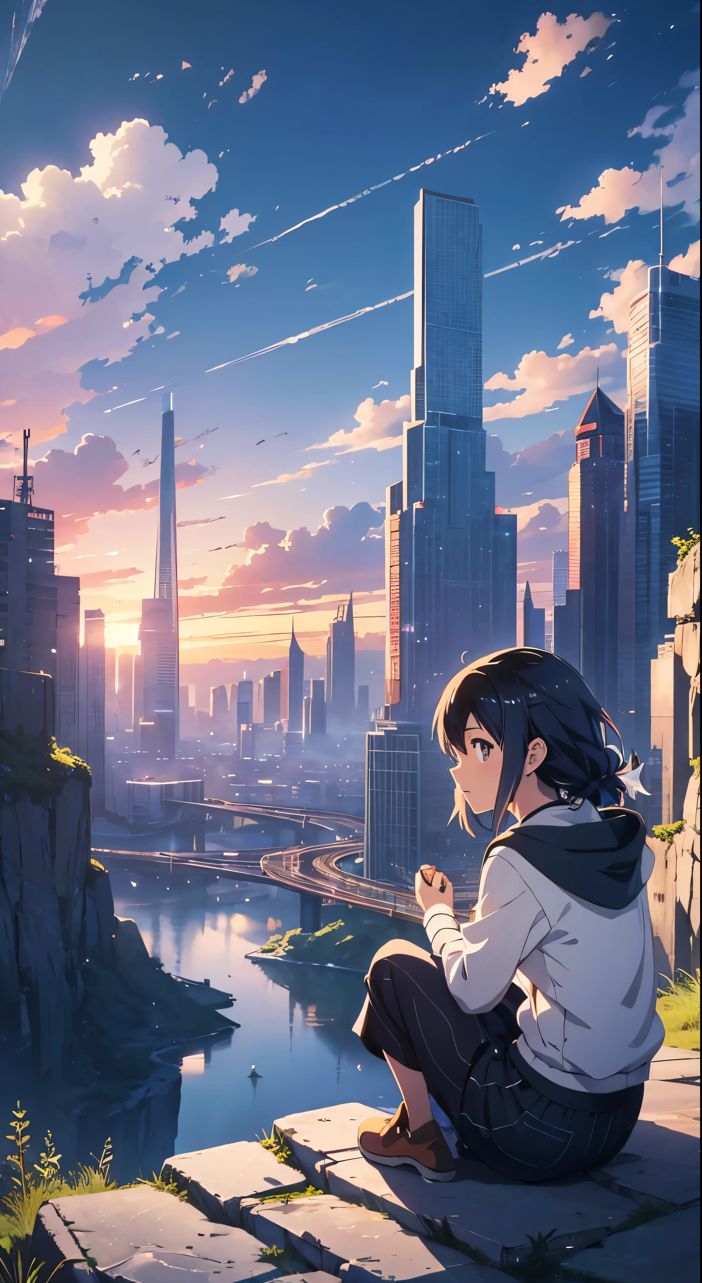 anime girl sitting on a rock looking at the sky,a sky piercing tower far far away, makoto shinkai cyril rolando, anime art wallpaper 4 k, anime art wallpaper 4k, cyril rolando and goro fujita, anime art wallpaper 8 k, 4k anime wallpaper, anime wallpaper 4 k, anime wallpaper 4k, ( ( makoto shinkai ) ), makoto shinkai!