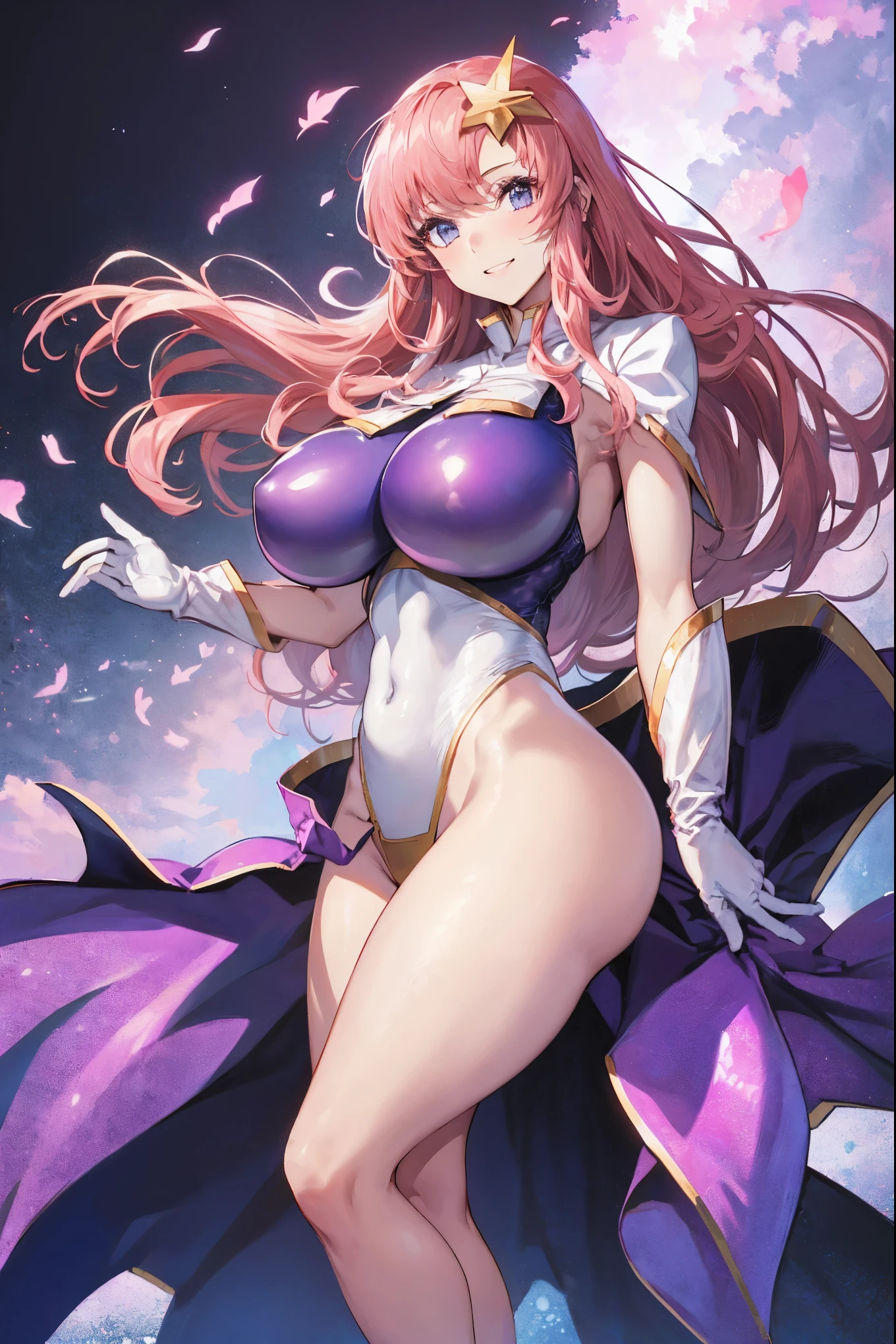 (masterpiece)、(Highest image quality)、(Super detailed)、(extremely detailed)、4K、(8K)、Highest image quality、(beautiful)、
more campbell, 1 _girl, star hair ornaments, hair ornaments, pink hair, long hair, gloves, Leotard Purple leotard, white leotard, leotard that bites、(gigantic_tits:1.2)、thick thighs、,light smile、dynamic pose、gravure、dynamic angle、noise removal、emphasis on crotch、chest enhancement,open_legs