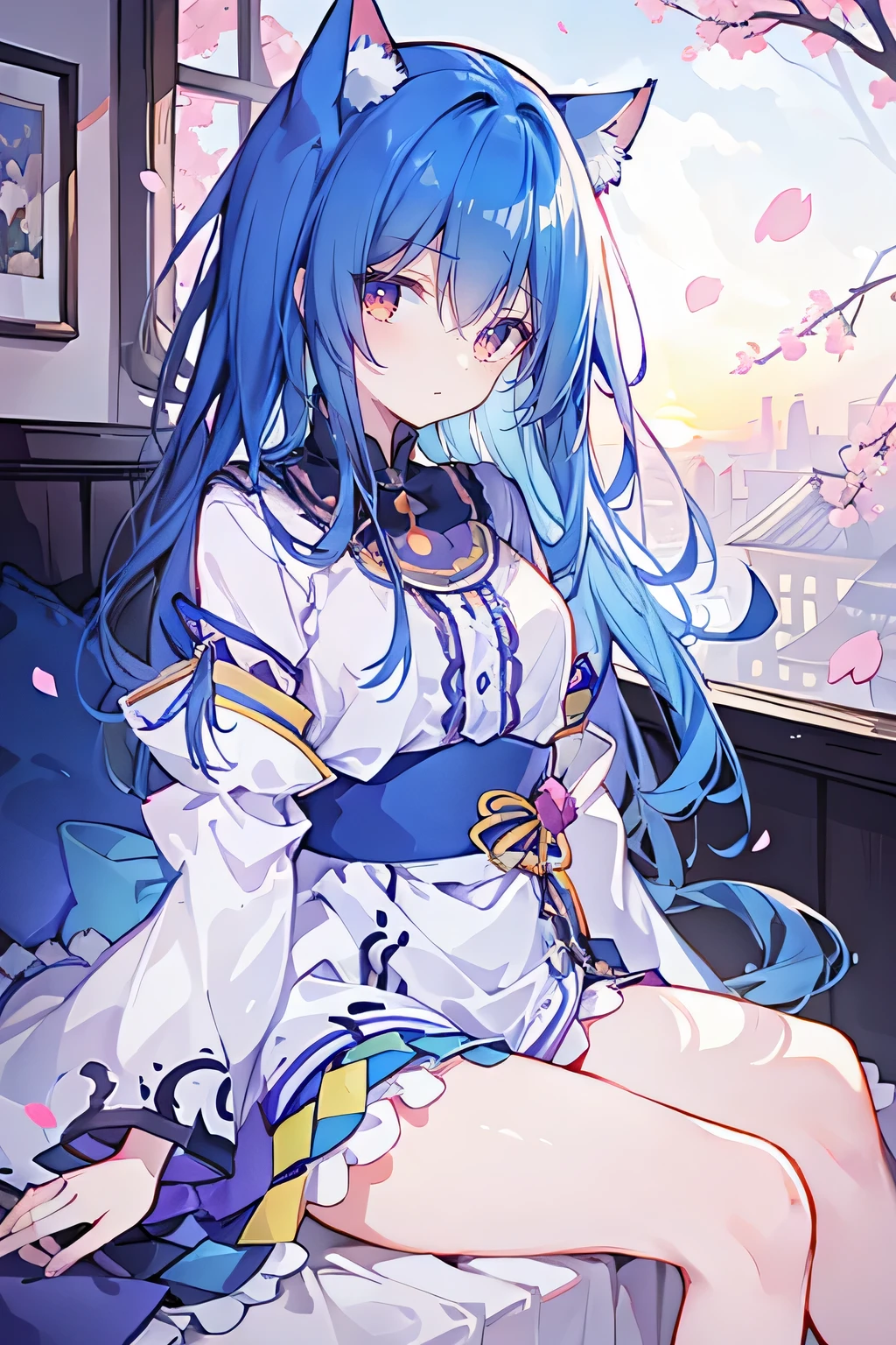 （masterpiece：1.2），Super detailed，lifelike，Expressive eyes，fair skin，perfect face shape，1 girl，
Japanese comics,Gorgeous blue hair,flowing blue hair,flowing clothes,Cat ears,Petals fall,beautiful lola,Baby Angel,
Shaking head with one hand，Cross your legs，，The pavilion is cool and comfortable,smile,back views,sunrise,Petals fall,sunrise，sitting on window sill drinking coffee and looking out the window。