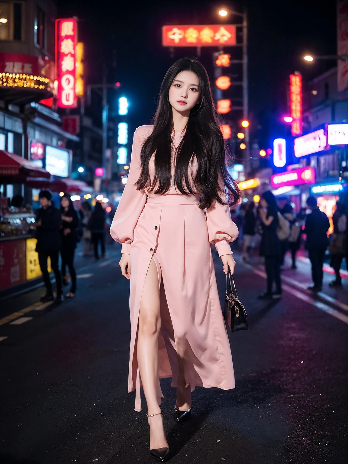 A beautiful girl walking in the night city, long black hair, fair skin, oval face, large sparkling eyes, wearing a sexy, form-fitting wine-red dress that accentuates her stunning figure, black high heels, holding a small black handbag. She is standing in a bustling street with neon lights, glowing shop signs, and street lamps creating a dreamy atmosphere. The tall buildings with colorful lights in the background. The scene has realistic lighting, capturing soft light reflections on her hair and face from the street lamps and shop signs. The image is highly detailed and photorealistic, as if taken with a DSLR camera, with a natural depth of field and sharp focus. She has a soft smile on her face, and the ambiance is lively yet romantic.