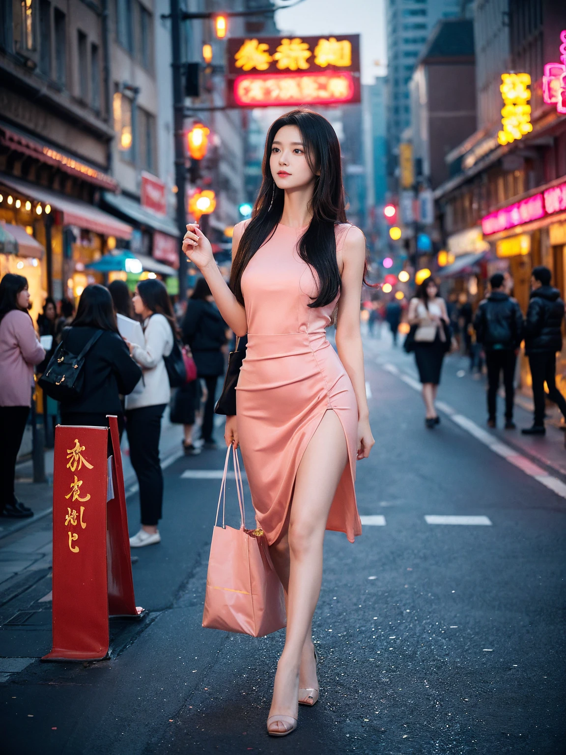 A beautiful girl walking in the night city, long black hair, fair skin, oval face, large sparkling eyes, wearing a sexy, form-fitting wine-red dress that accentuates her stunning figure, black high heels, holding a small black handbag. She is standing in a bustling street with neon lights, glowing shop signs, and street lamps creating a dreamy atmosphere. The tall buildings with colorful lights in the background. The scene has realistic lighting, capturing soft light reflections on her hair and face from the street lamps and shop signs. The image is highly detailed and photorealistic, as if taken with a DSLR camera, with a natural depth of field and sharp focus. She has a soft smile on her face, and the ambiance is lively yet romantic.