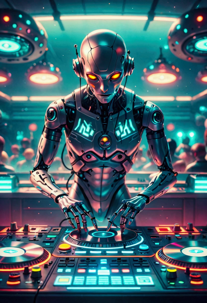 A scene depicting an unknown alien-blooded alien robot DJ spinning records in a typical cosmic nightclub. This alien robot DJ features smooth metallic components, glowing skin, an advanced holographic control panel for interacting with the crowd, and agile limbs to operate a variety of music equipment, such as turntables, mixers, and samplers. The scene is filled with typical interstellar club details, such as illuminated dance floor areas, signs written in alien script, and a range of cutting-edge sound equipment. Despite his alien robotic appearance, he still conveys excitement and commitment to the art of DJing, which are inherent qualities of a DJ. Realistic, 3D, C4D rendering, photography.