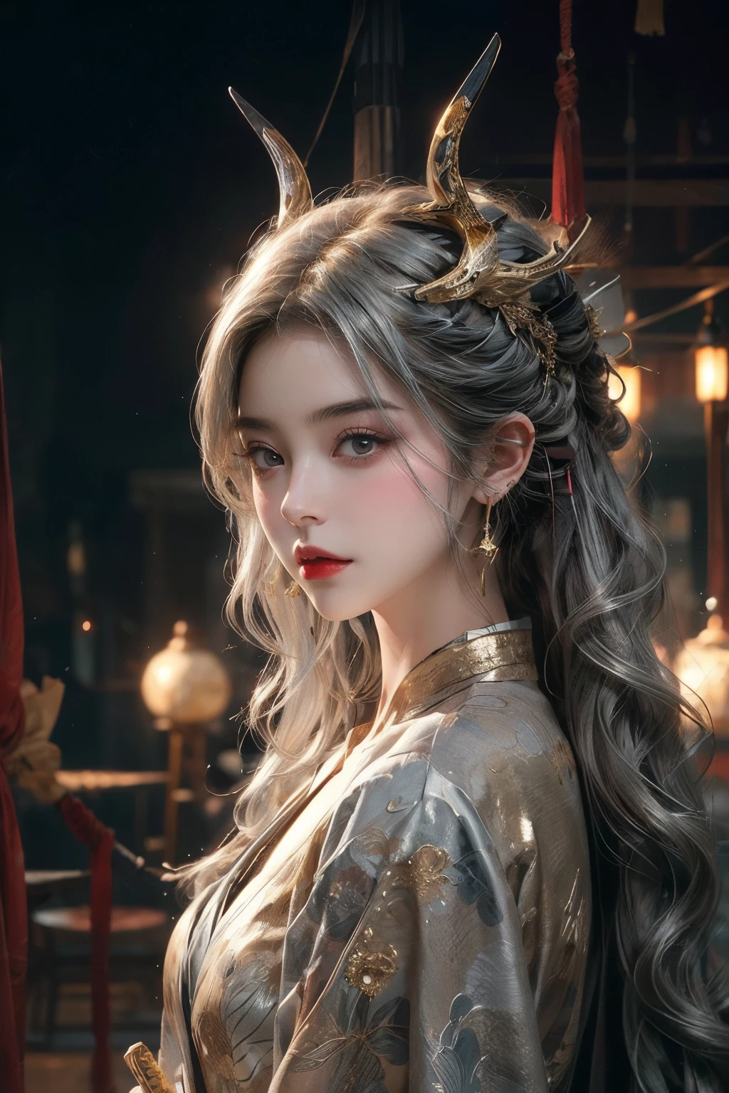 ((gold, Silver, flicker)), ninja, limited palette, contrast, phenomenal aesthetics, Best quality, luxurious work of art, Young woman, White hair, katana, horns