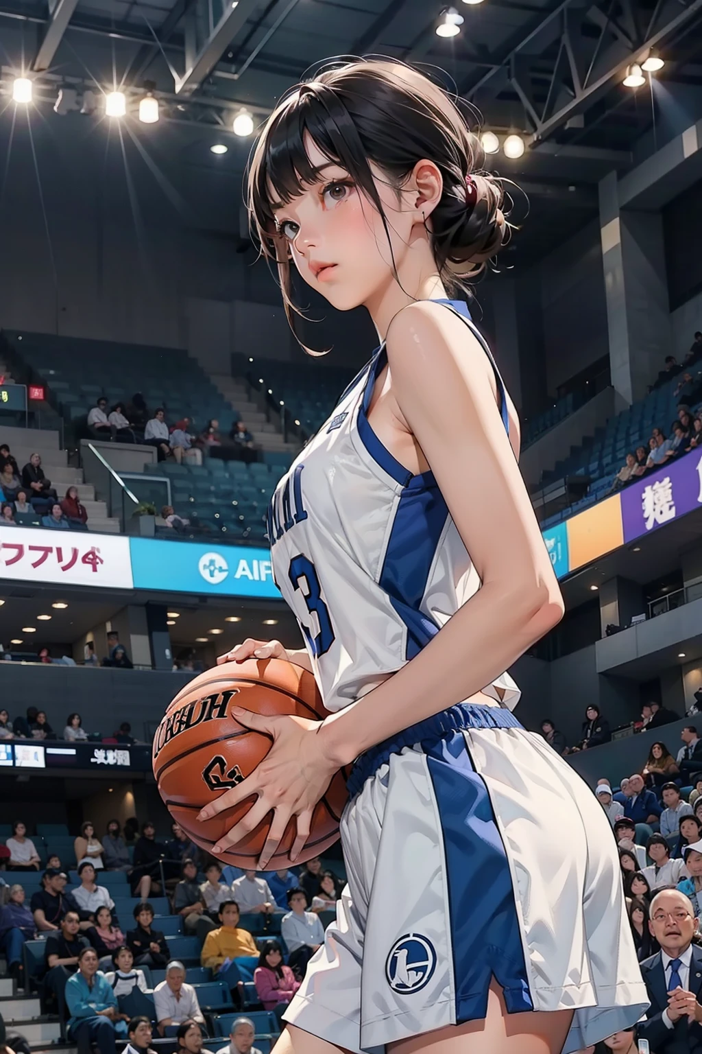 ((Female Basketball Player))、Young and beautiful girl、美しい顔のdetailedな描写、alone、Motion Blur、Dynamic Angle、stadium lighting、Blur the background、8Kdetailed、(detailed、masterpiece、Highest quality)、