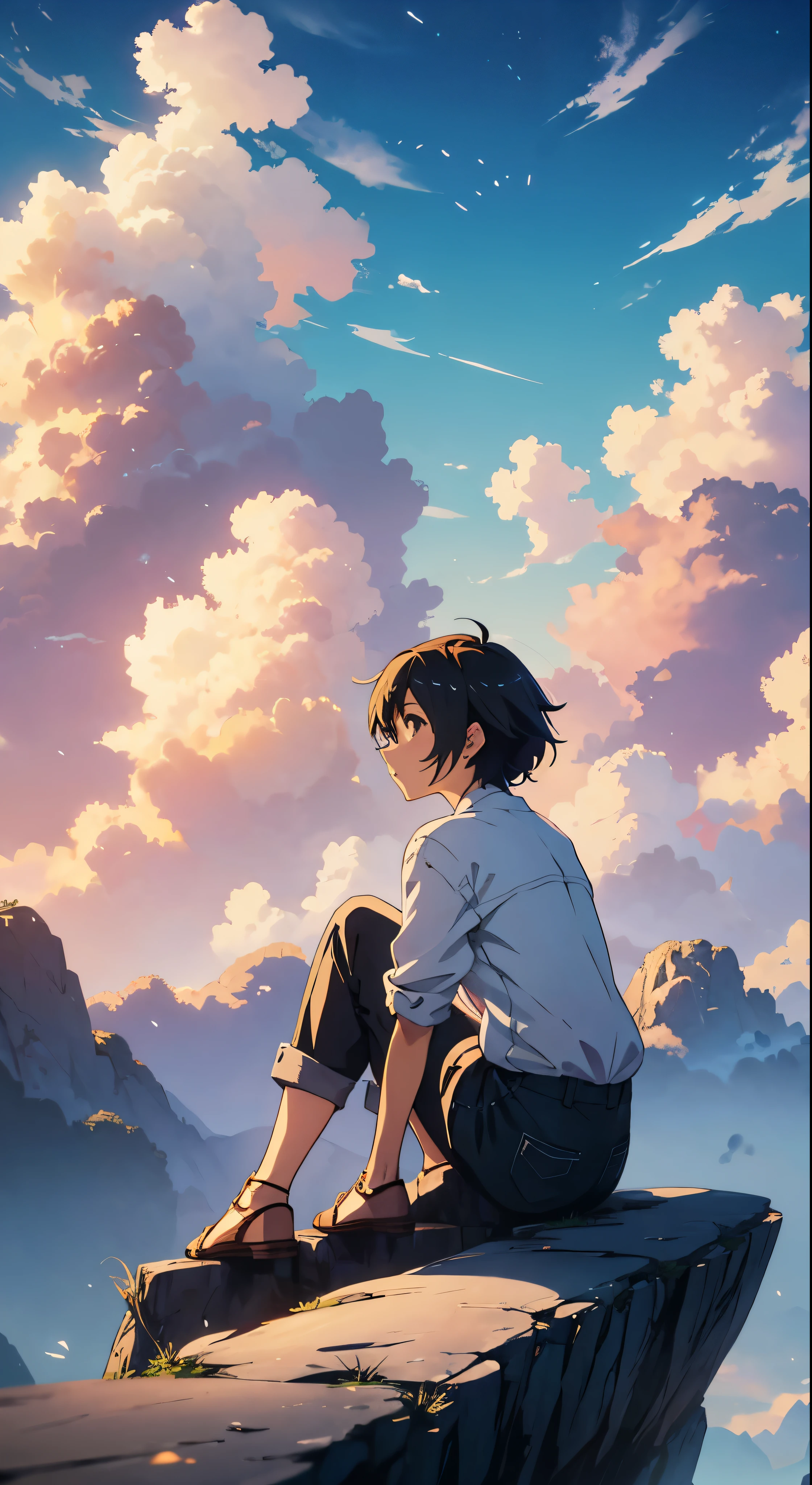 anime girl sitting on a rock looking at the sky,a sky piercing tower far far away, makoto shinkai cyril rolando, anime art wallpaper 4 k, anime art wallpaper 4k, cyril rolando and goro fujita, anime art wallpaper 8 k, 4k anime wallpaper, anime wallpaper 4 k, anime wallpaper 4k, ( ( makoto shinkai ) ), makoto shinkai!