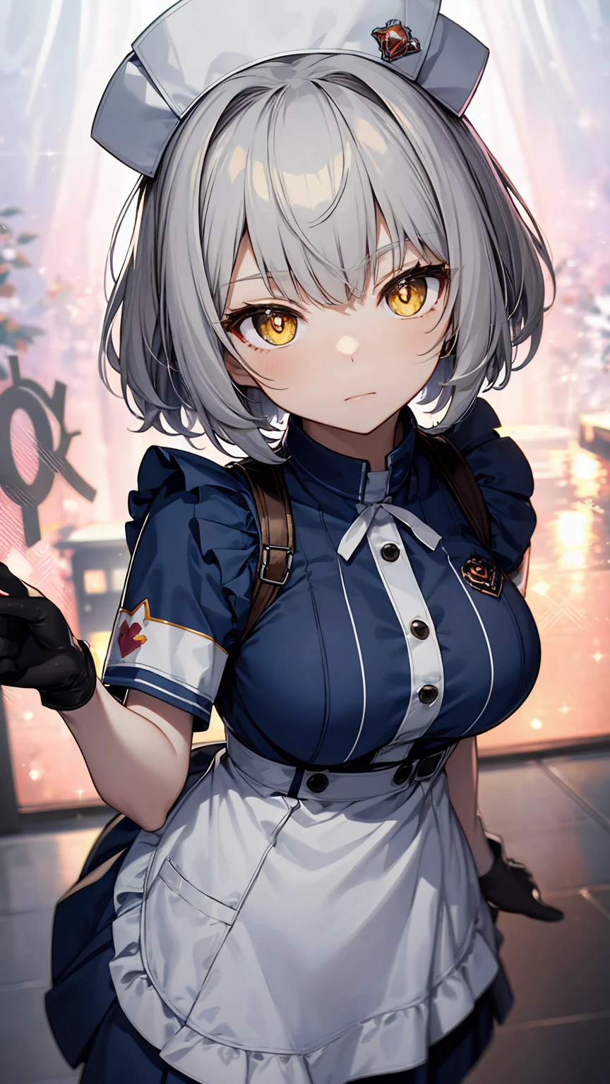 ((chibi)),Himurosena yellow eyes, short hair,gray hair, low length,gloves, blue clothes, apron,midi skirt, lace up boots,nurse cap, armband,masterpiece,Noise Reduction,perfect anatomy,high resolution, ultra-detailed, ultra-detailed face,game cg,dutch angle ,beautiful detailed eyes,visualart,five fingers, perfect hands, perfect lighting, sparkling pupils,