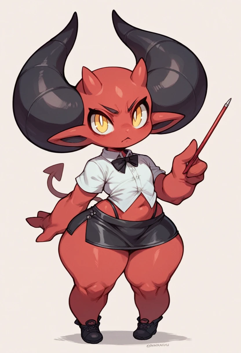 Pokémon demon femboy ,red body ,big ,huge wide hips, shortstack , huge Black horns , yellow pupils, ((pokémon Style )) ,Three fingers , short skirt , pointer ears ,