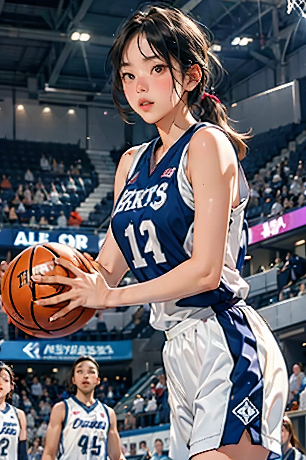 ((Female Basketball Player))、Young and beautiful girl、美しい顔のdetailedな描写、alone、Motion Blur、Dynamic Angle、stadium lighting、Blur the background、8Kdetailed、(detailed、masterpiece、Highest quality)、