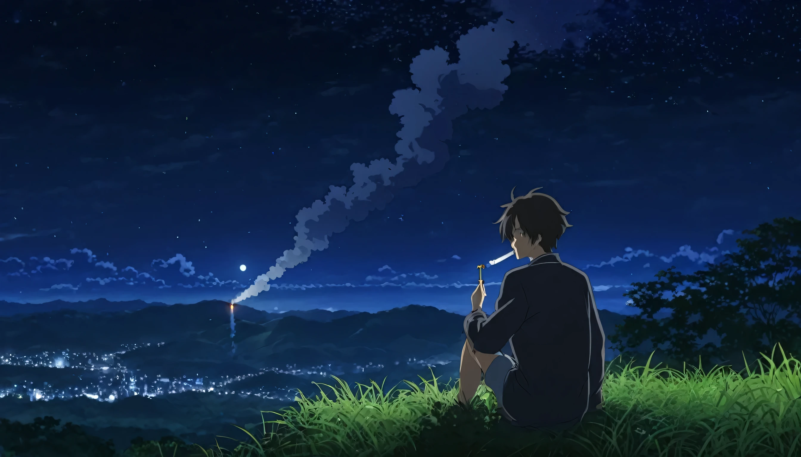 I want a anime character who smoking in night peaceful place with 4k quality