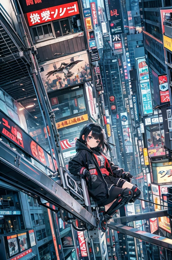 (Masterpiece, BestQuality), (hyperrealistic),cyberpunk,((chibi girl is flying in the sky on a mechanical glider)),detailed glider, BREAK (15yo,black short hair,middle small breasts,Black penguin hood, white penguin robe, webbed boots),BREAK look away,dynamic pose,absurd, unusual, extraordinary, in ruined cyberpunk city,japan, intricate details, depth of field,portrait, sharp,