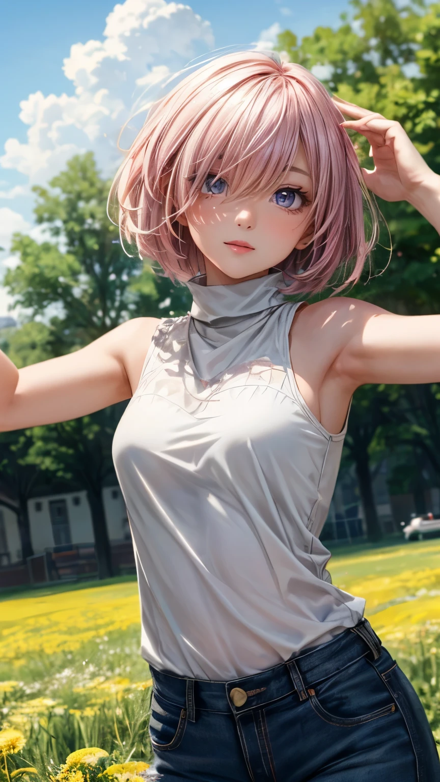 ((masterpiece)), (Top quality portraits), 1 Female, With dandelions, (Hair on one eye), Pink short haircut, Wearing a black turtleneck sleeveless T-shirt, Denim pants, In the dandelion field, Beautiful eyes in every detail, Gorgeous face with attention to detail, Perfect body, Dynamic pose, Perfect Shading, Intricate details, Pixiv, Krentz Kuschaert, (Hair on one eye), Brown Pixie Haircut,
