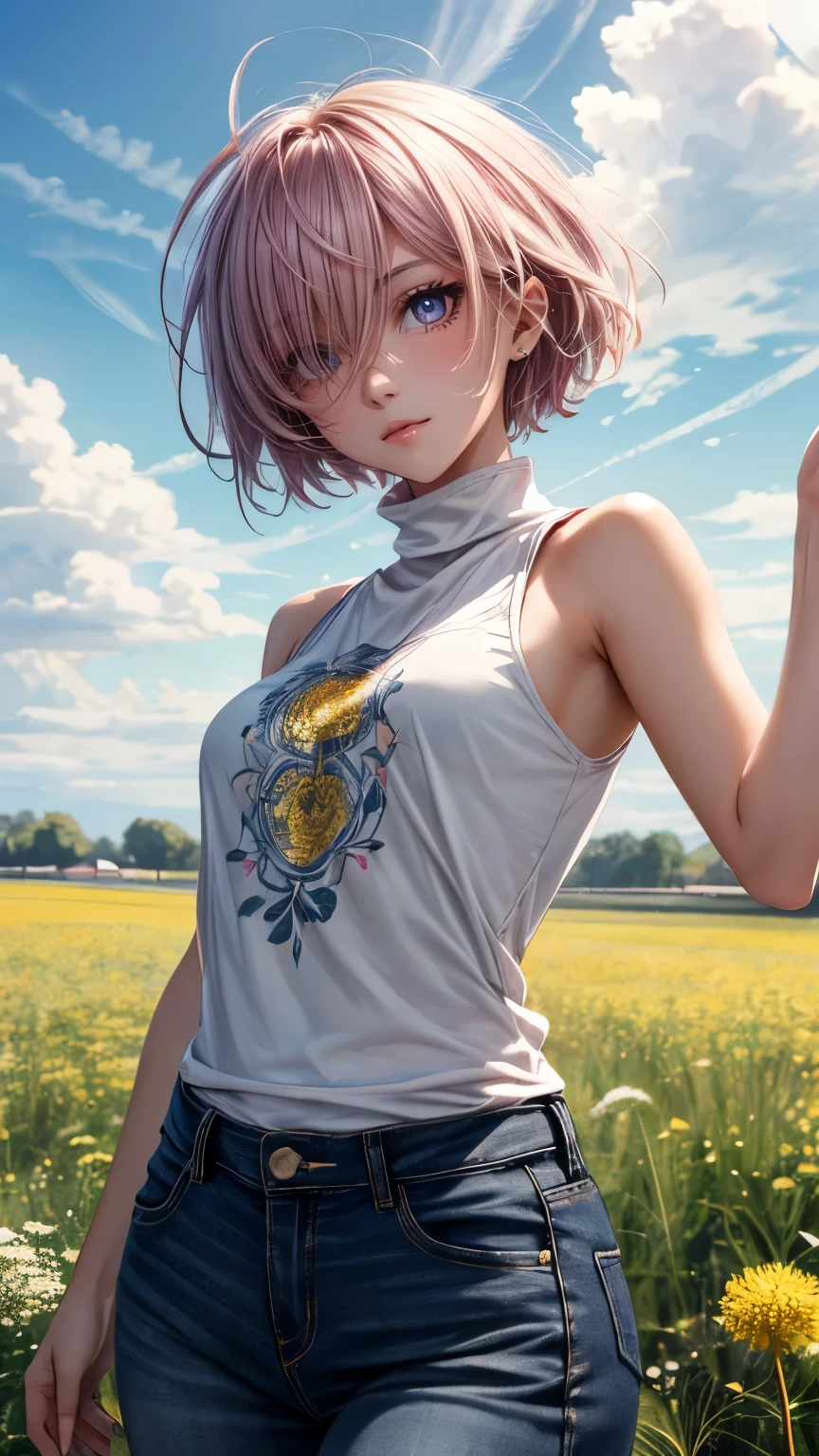 ((masterpiece)), (Top quality portraits), 1 Female, With dandelions, (Hair on one eye), Pink short haircut, Wearing a black turtleneck sleeveless T-shirt, Denim pants, In the dandelion field, Beautiful eyes in every detail, Gorgeous face with attention to detail, Perfect body, Dynamic pose, Perfect Shading, Intricate details, Pixiv, Krentz Kuschaert, (Hair on one eye), Brown Pixie Haircut,
