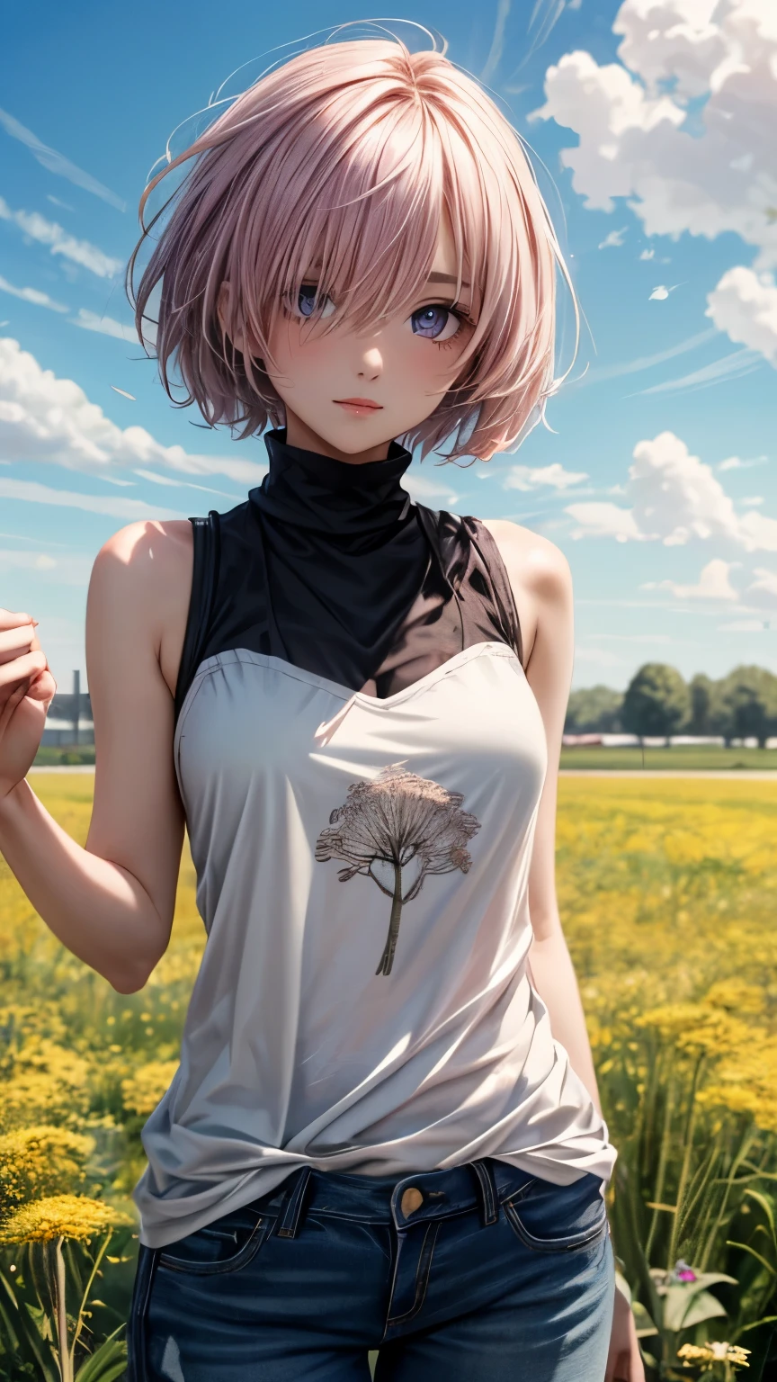 ((masterpiece)), (Top quality portraits), 1 Female, With dandelions, (Hair on one eye), Pink short haircut, Wearing a black turtleneck sleeveless T-shirt, Denim pants, In the dandelion field, Beautiful eyes in every detail, Gorgeous face with attention to detail, Perfect body, Dynamic pose, Perfect Shading, Intricate details, Pixiv, Krentz Kuschaert, (Hair on one eye), Brown Pixie Haircut,
