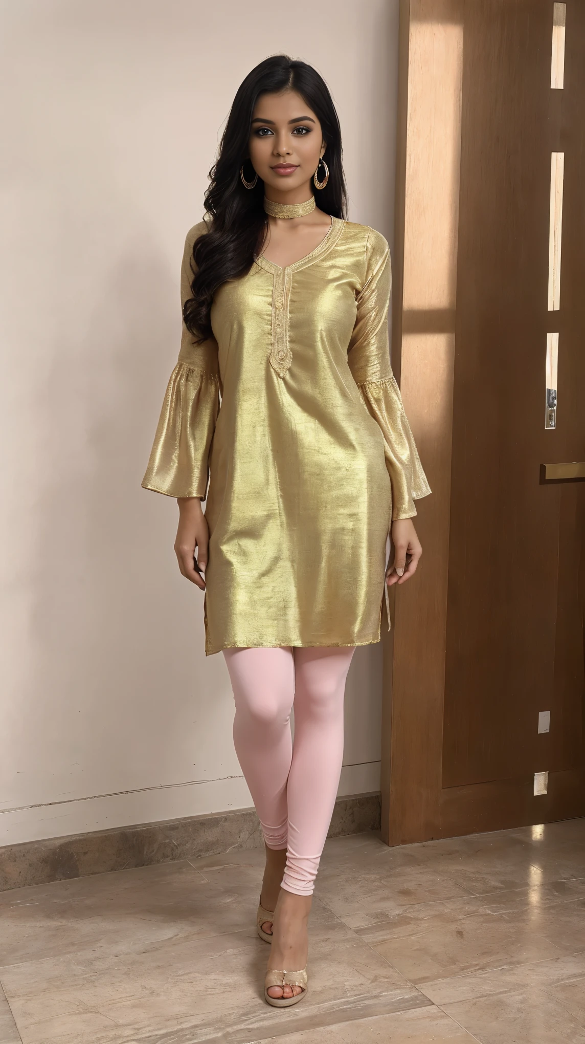 ((photo of 20 year old beautiful girl, beautiful and charming girl)), ,
((((Full body shot:1.5)))), (full body in picture), (full body photo Close-up photo of the shin), (Indian babe), (attention standing posture, separate legs), (looking at viewers, front view shot, from_fronts),
best quality, movie studio lighting, illustration at Very detailed, ultra high resolution, depth of field, caustic, natural shading,  masterpiece, hyper realistic, hyper detailed, photorealists, 8K, HDR, High resolution, (1girl), (Blurry background), (Bokeh:1.2), RAW photo, complicated details, extremely detailed, candid picture, candid shots, extreme detailed, colorful, highest detailed, (iconic picture shot, perfect brightness, perfect contrast, perfect colour), 
hair is one eye, purple eyes, Golden blonde hair, side bangs, sharp eyeliner, blush eyeshadow with thick eyelashes, lip gloss  very delicate and beautiful, round chin, round earrings, sharp eyes, letter choker, (symmetrical eyes), (perfectly symmetrical body),
(pretty face, iconic face), (perky breasts, perfect rounded breasts, attractive breasts, perfect symmetrical breasts), (attractive body figure, perfect body figure, perfect figure, curvy_figure, straight body figure, wide body posture), skin_tight, (thin), smile,
(Fancy High heels), 
(beautiful girl in Indian outfits), ,
(((Plain kurta with skinny sleeves, beautiful plain kurta, iconic kurta, plain beautiful kurta, skinny long sleeves), (fancy leggings, beautiful leggings, leggings))),